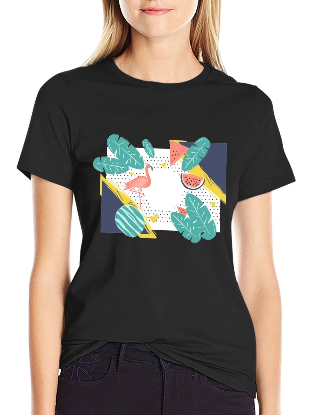 Tropical Flamingo Graphic Print Black T-Shirt