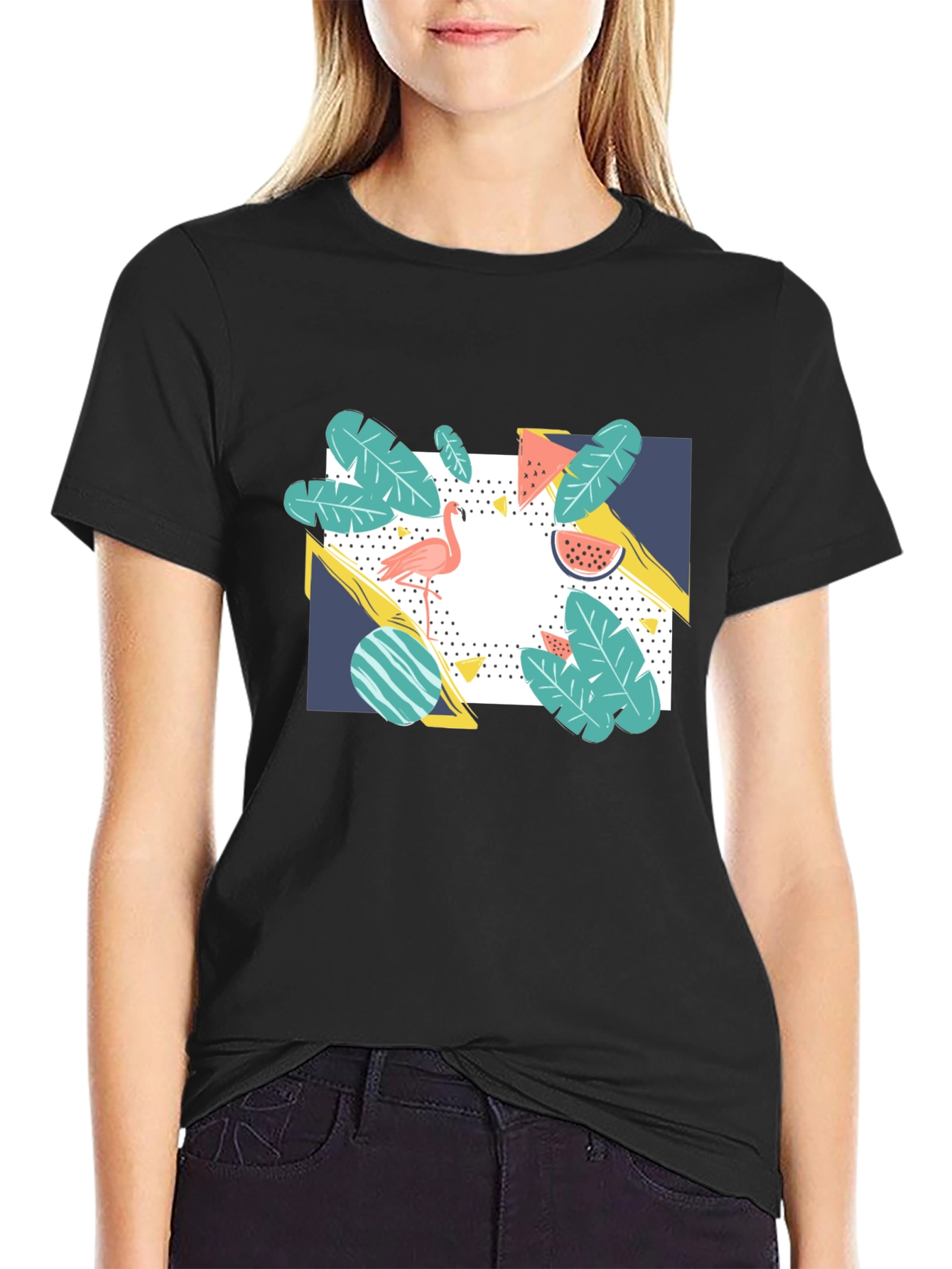 Tropical Flamingo Graphic Print Black T-Shirt