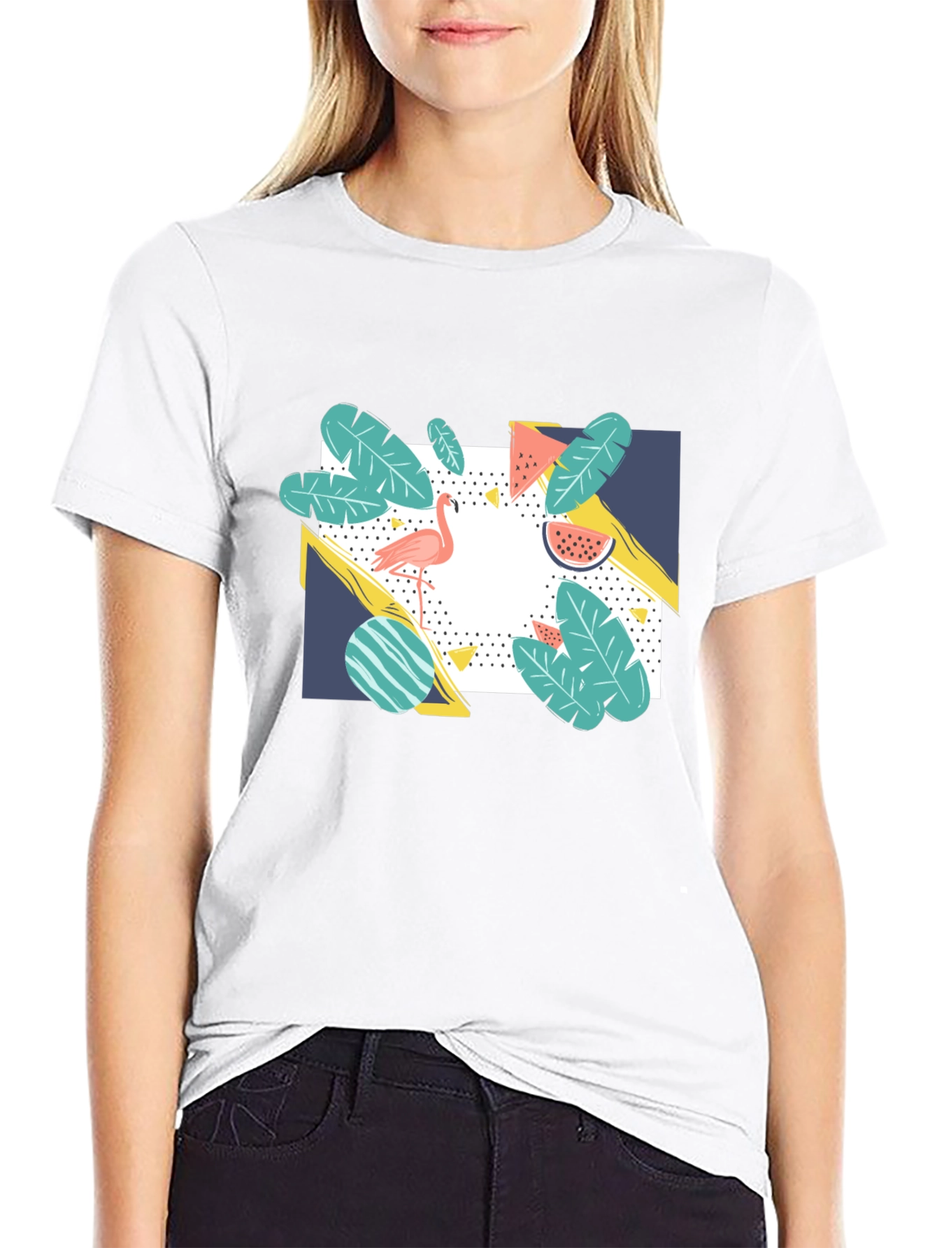 Tropical Flamingo Graphic Print Black T-Shirt