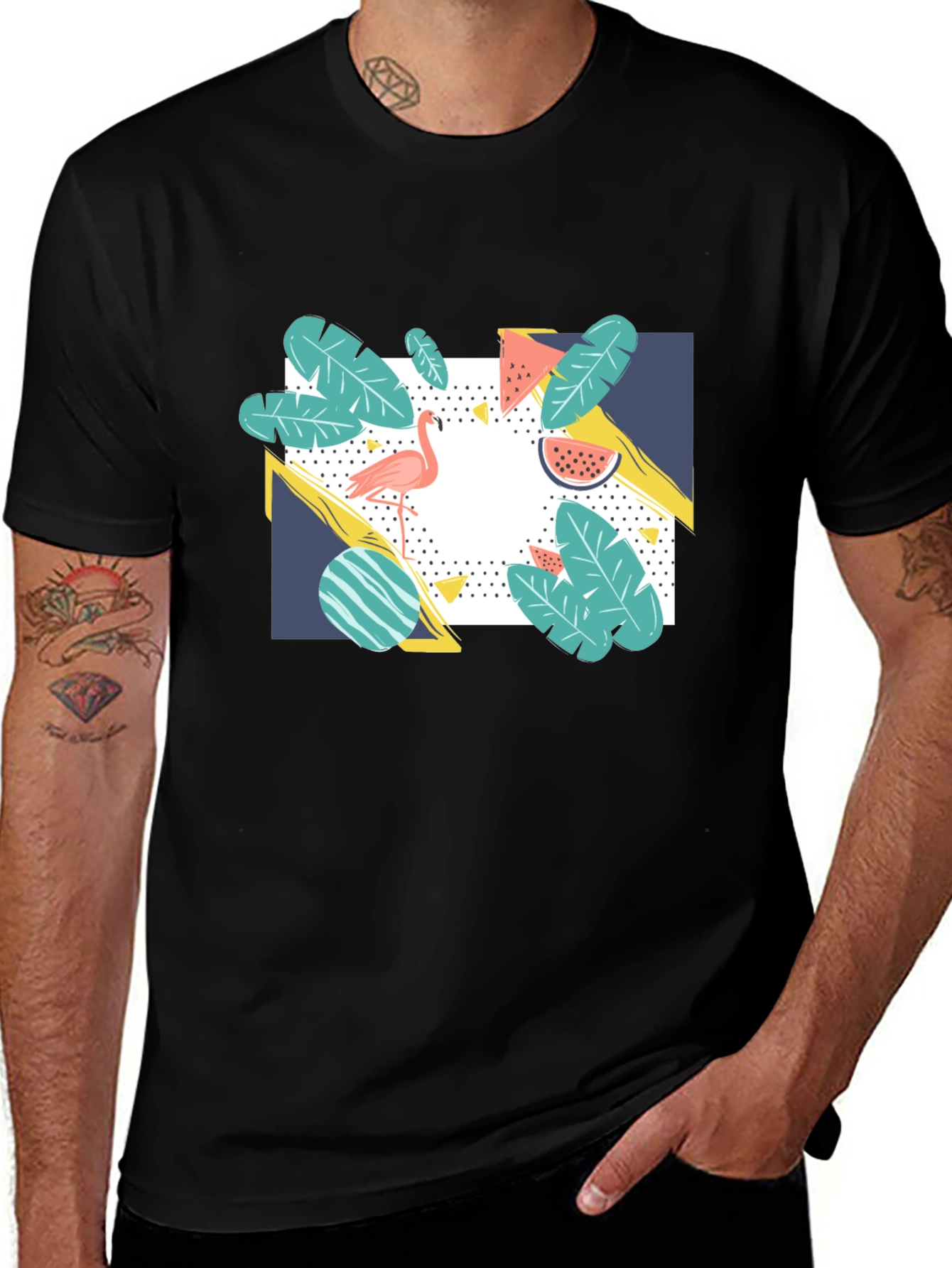 Tropical Flamingo Graphic Print Black T-Shirt