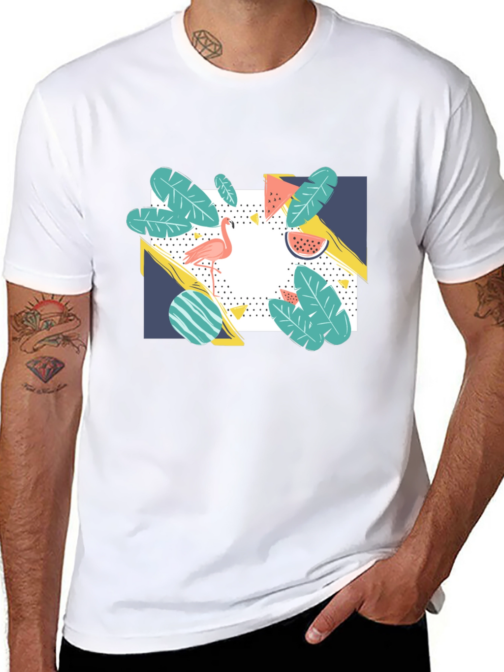Tropical Flamingo Graphic Print Black T-Shirt
