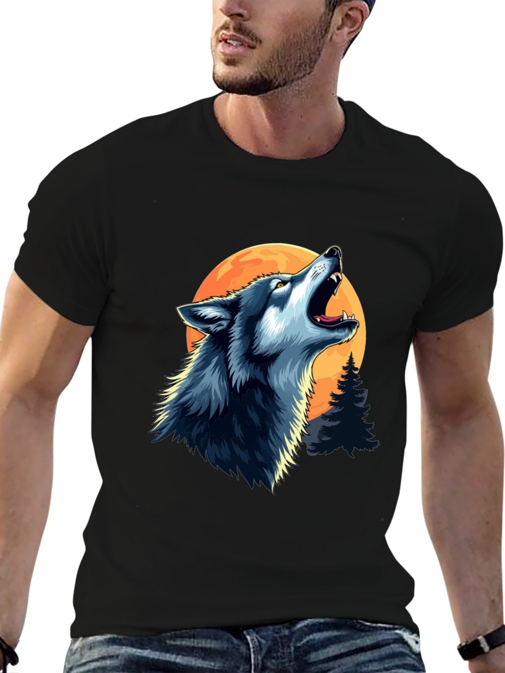 Wolf Howling at Moon Black Graphic Tee