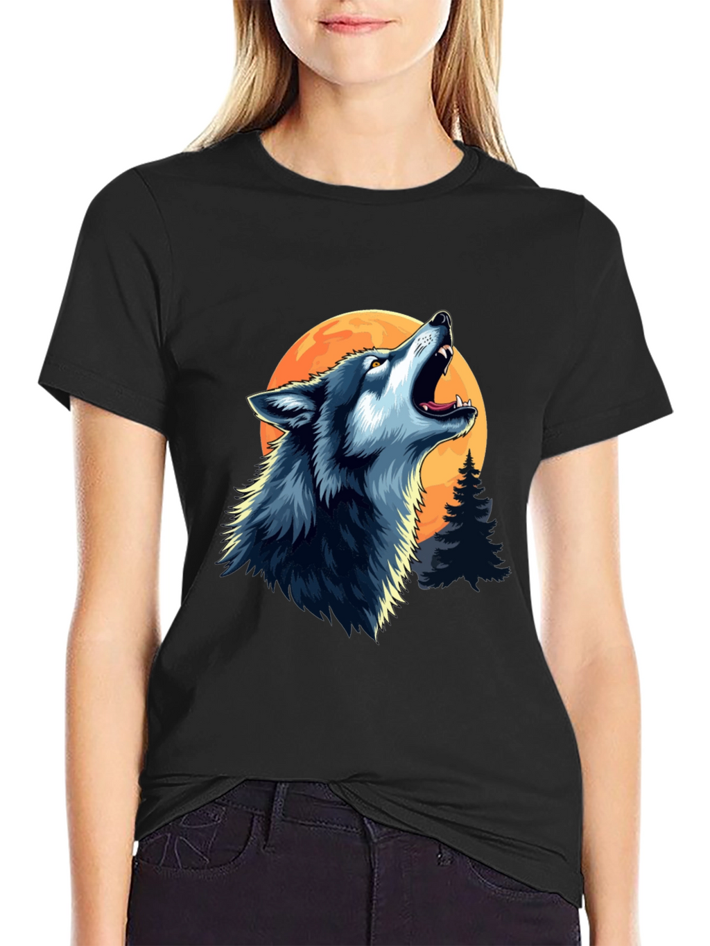 Wolf Howling at Moon Black Graphic Tee