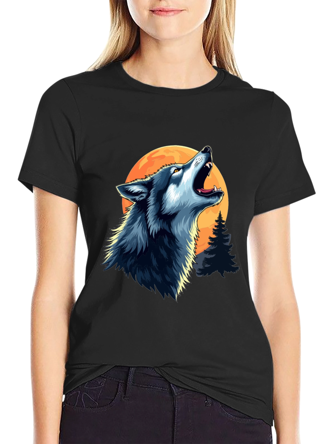 Wolf Howling at Moon Black Graphic Tee