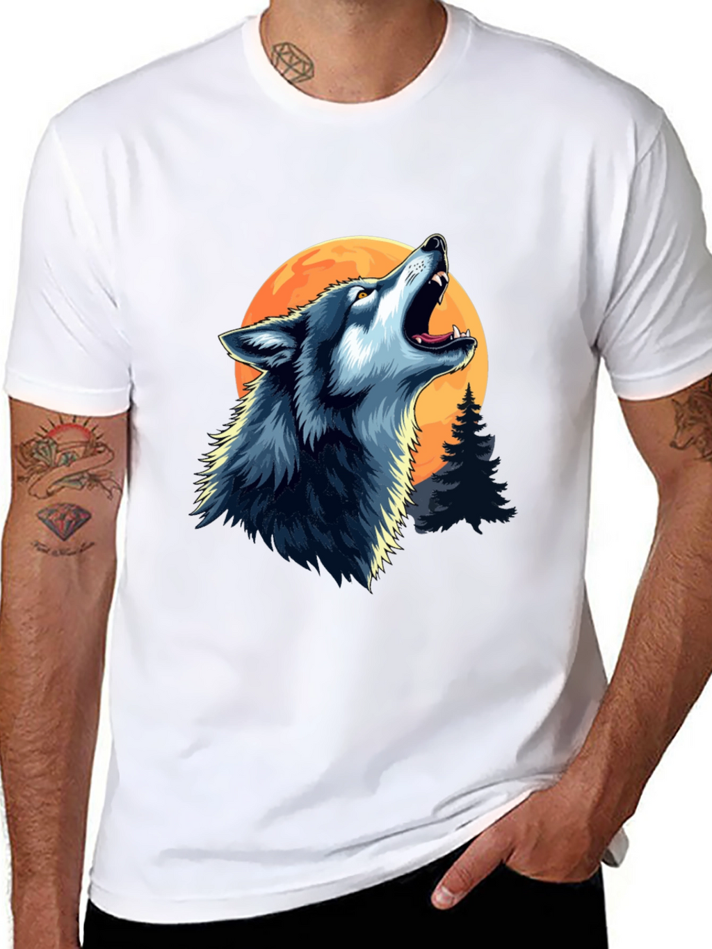Wolf Howling at Moon Black Graphic Tee