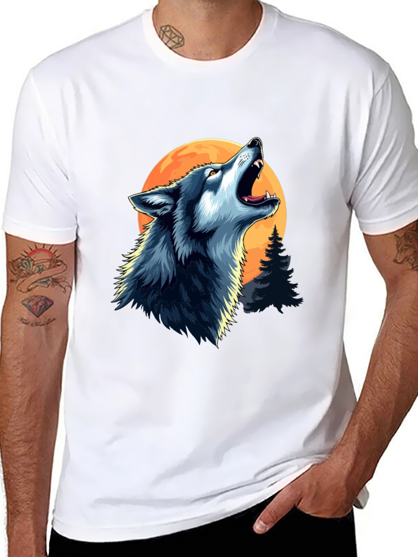 Wolf Howling at Moon Black Graphic Tee