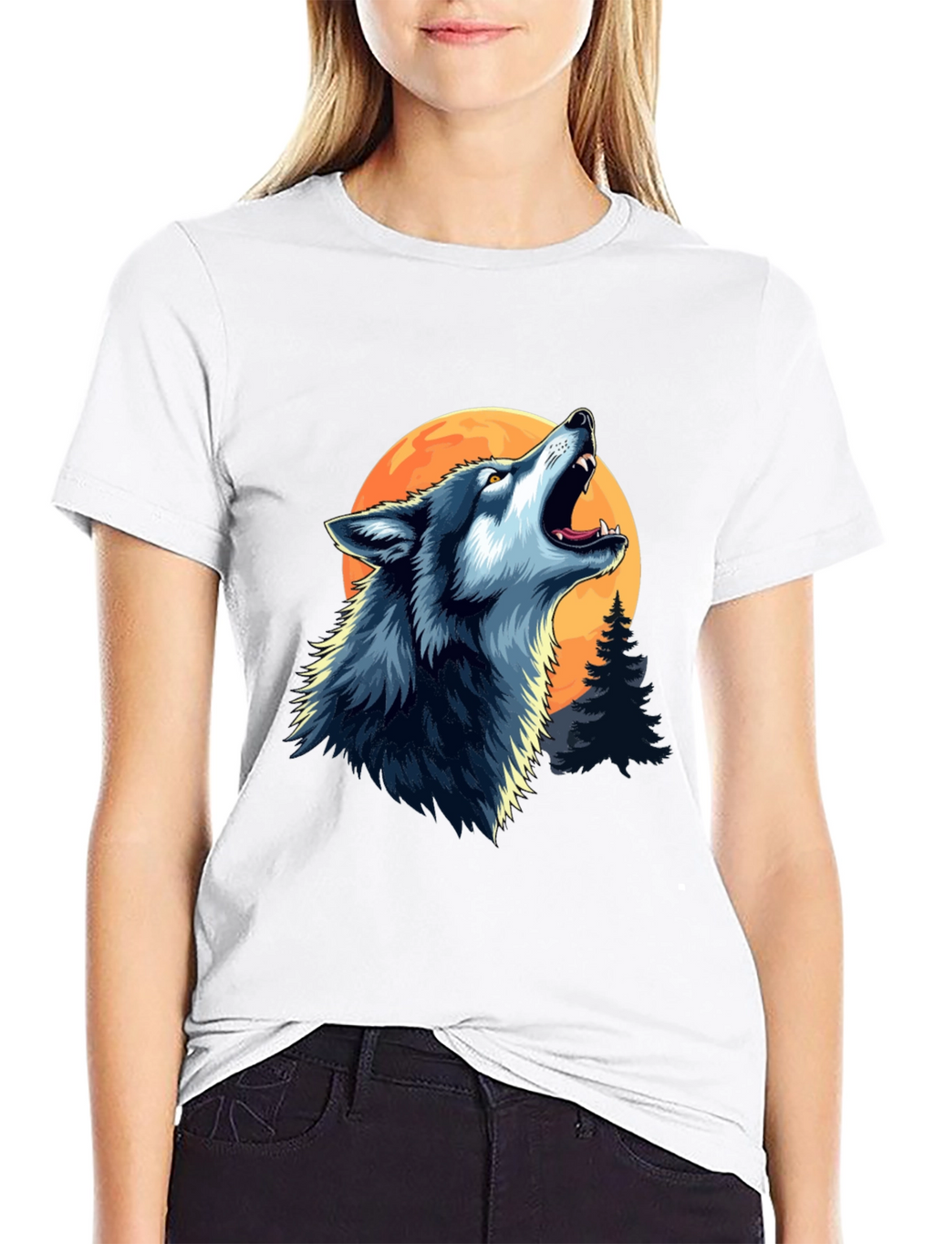 Wolf Howling at Moon Black Graphic Tee