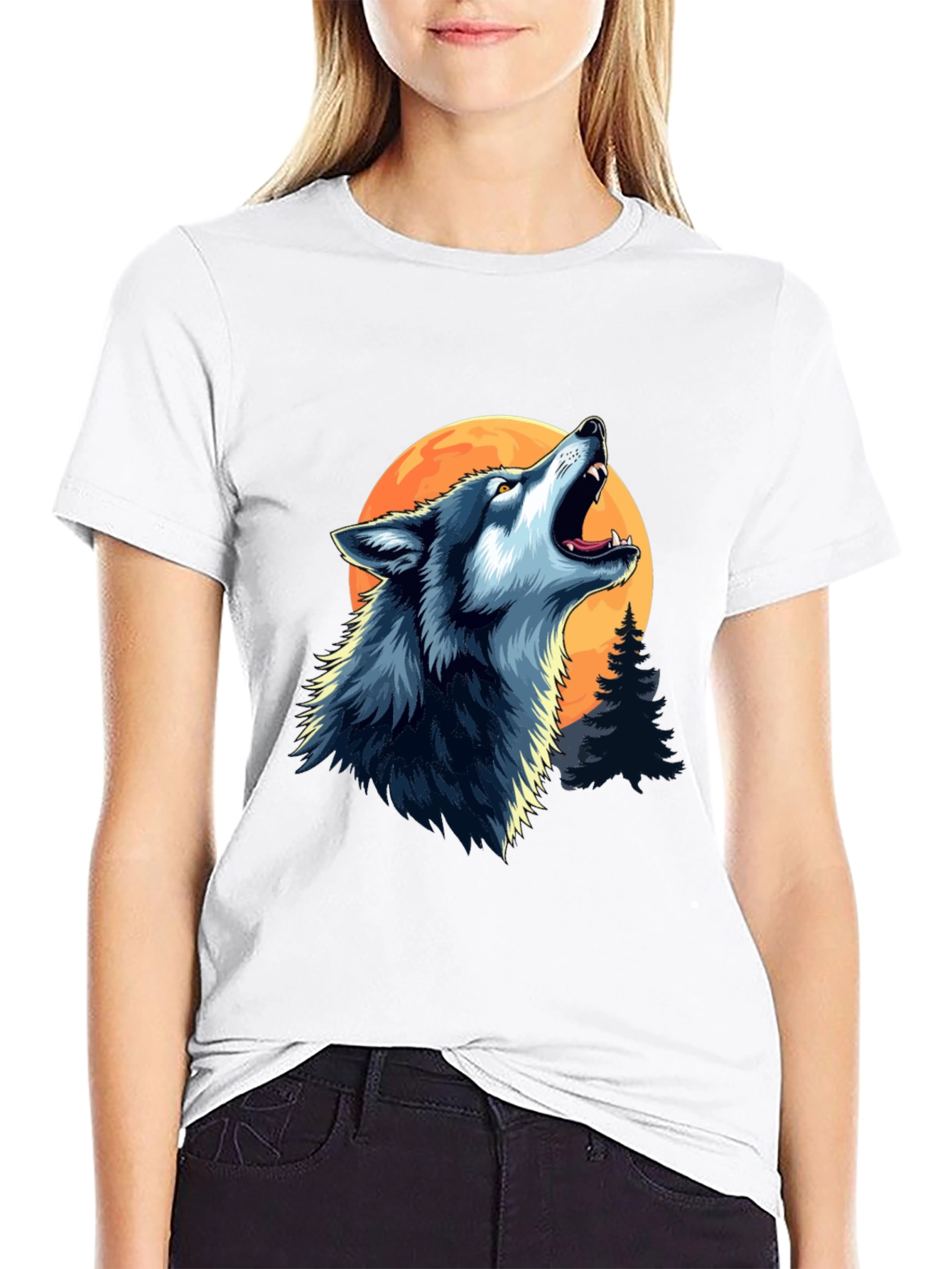 Wolf Howling at Moon Black Graphic Tee