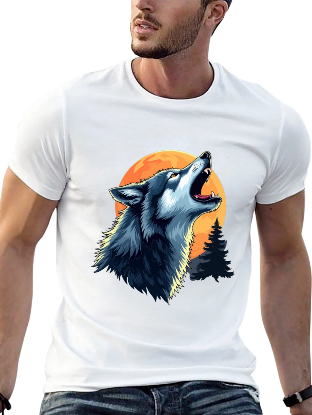 Wolf Howling at Moon Black Graphic Tee