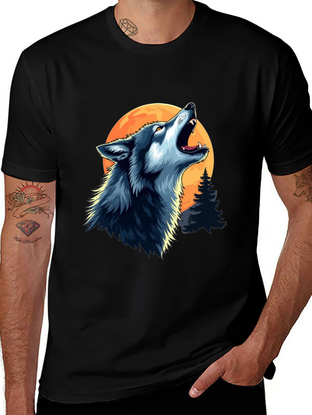 Wolf Howling at Moon Black Graphic Tee