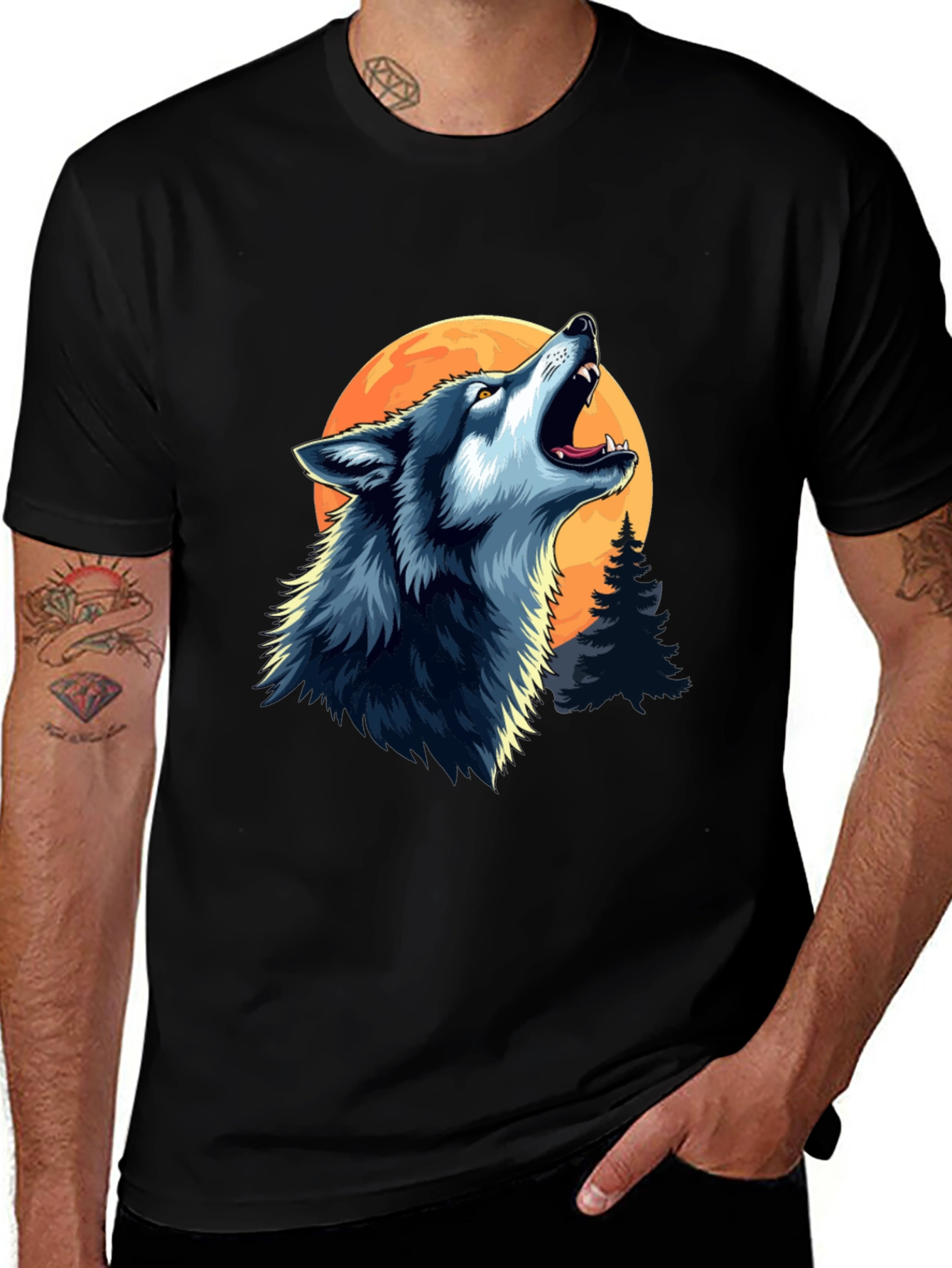 Wolf Howling at Moon Black Graphic Tee