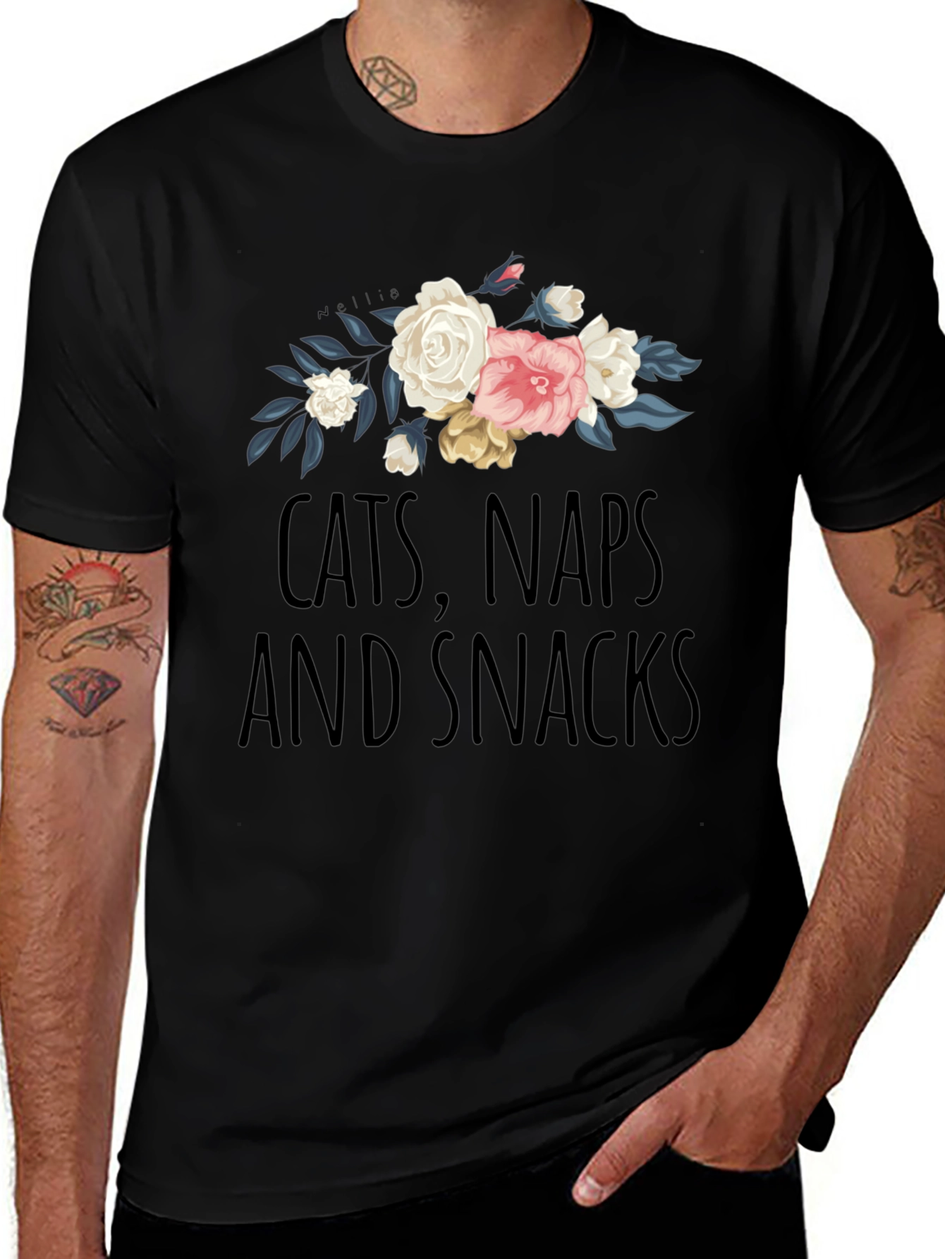 Cats Naps and Snacks Floral T-Shirt