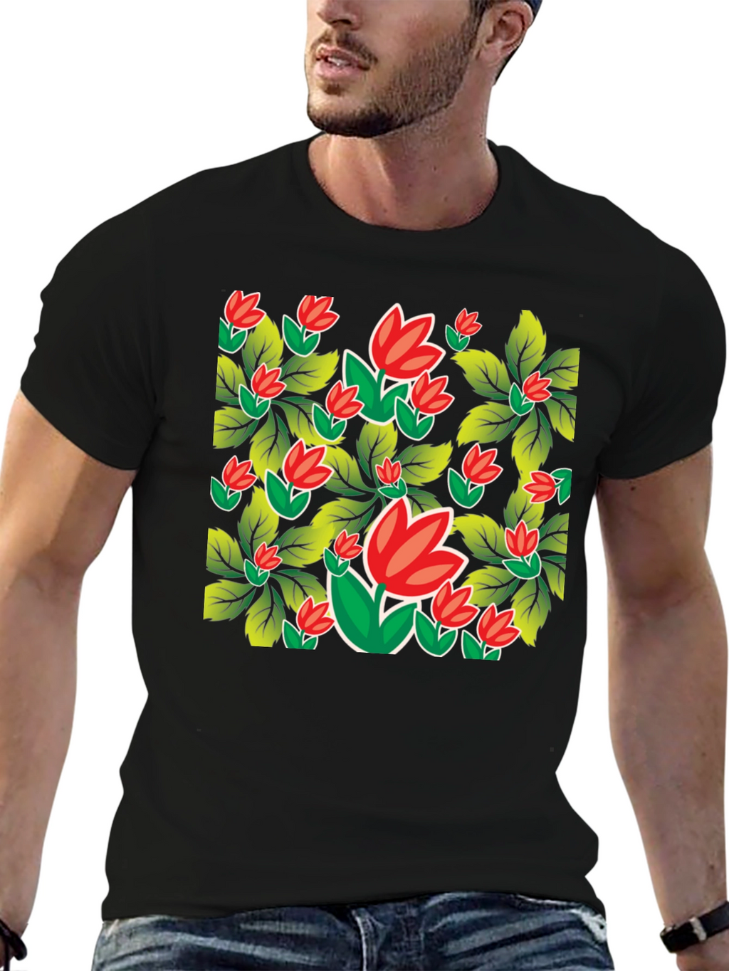 Floral Print Black Tee