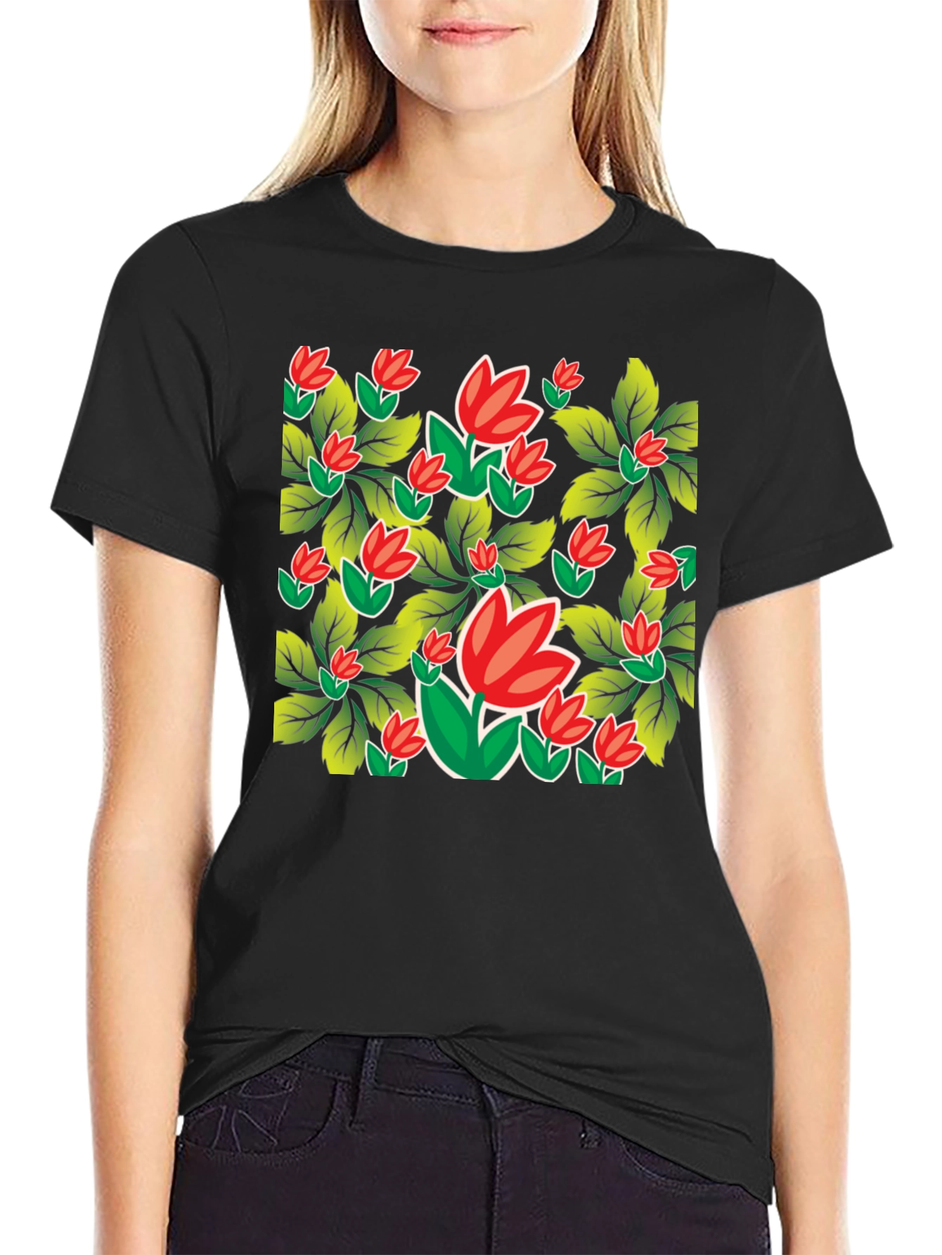 Floral Print Black Tee