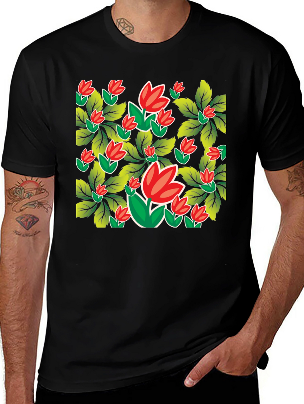 Floral Print Black Tee