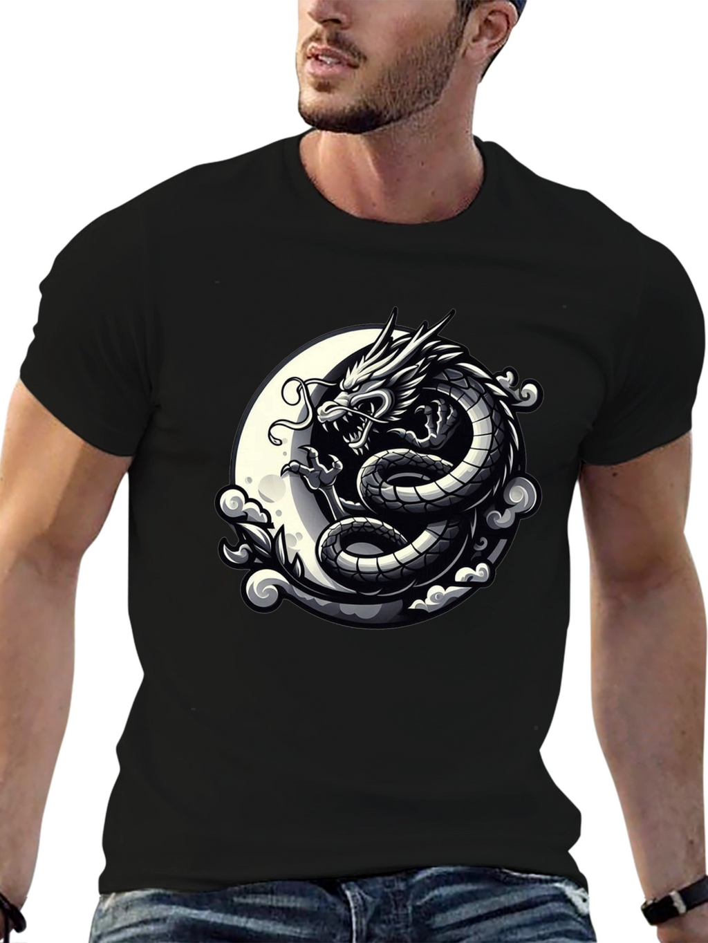 Dragon Moon Graphic Tee - Black Cotton