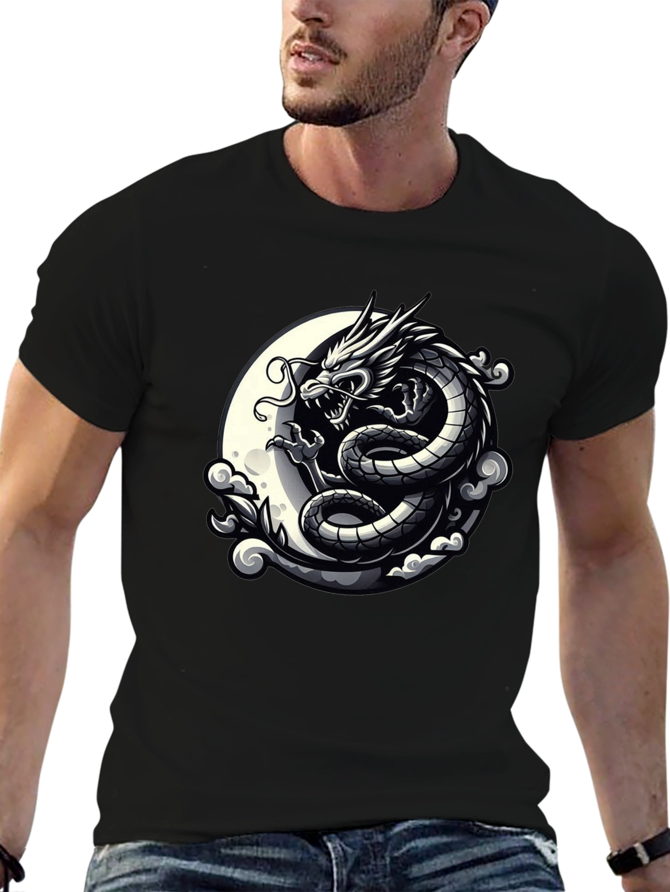 Dragon Moon Graphic Tee - Black Cotton