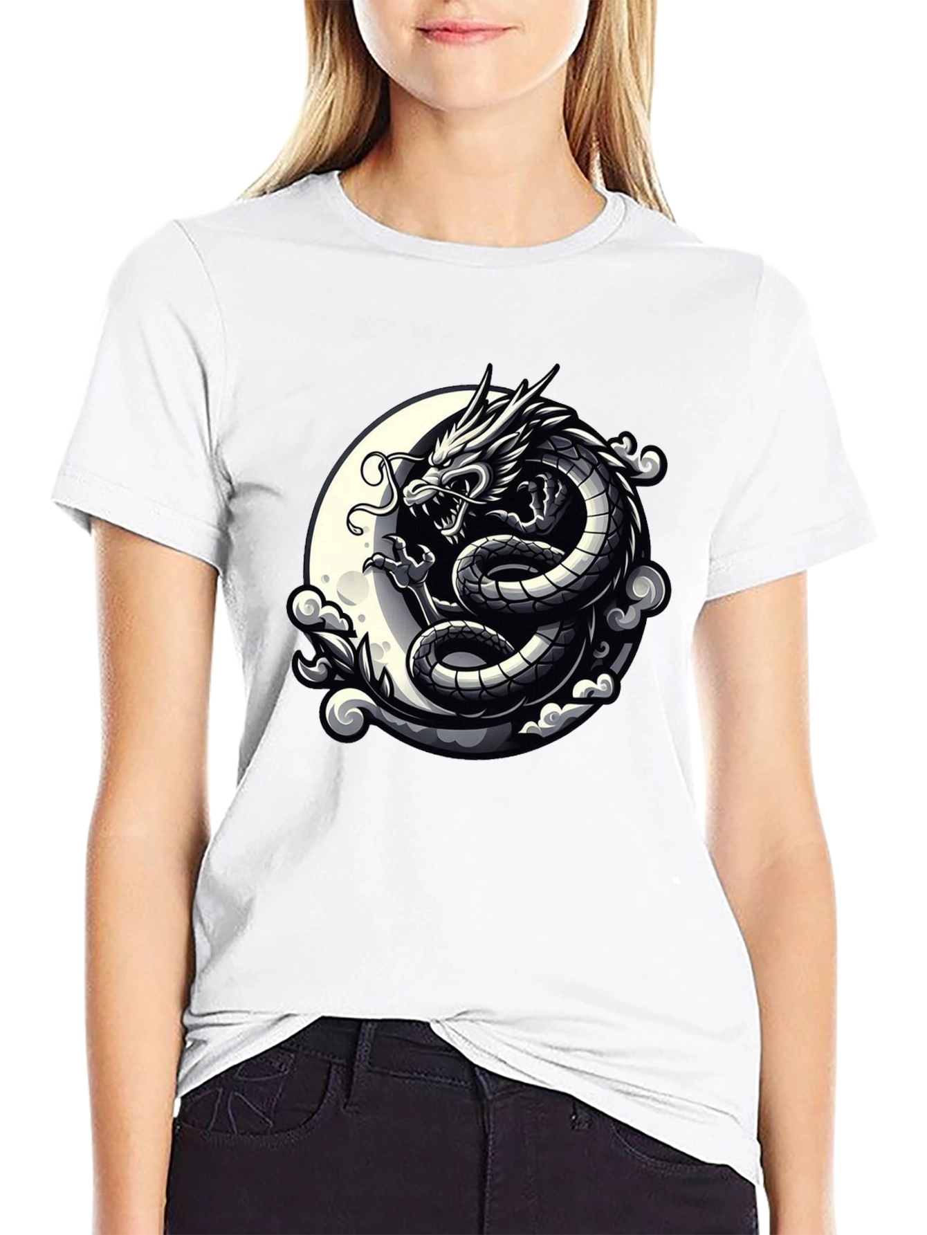 Dragon Moon Graphic Tee - Black Cotton