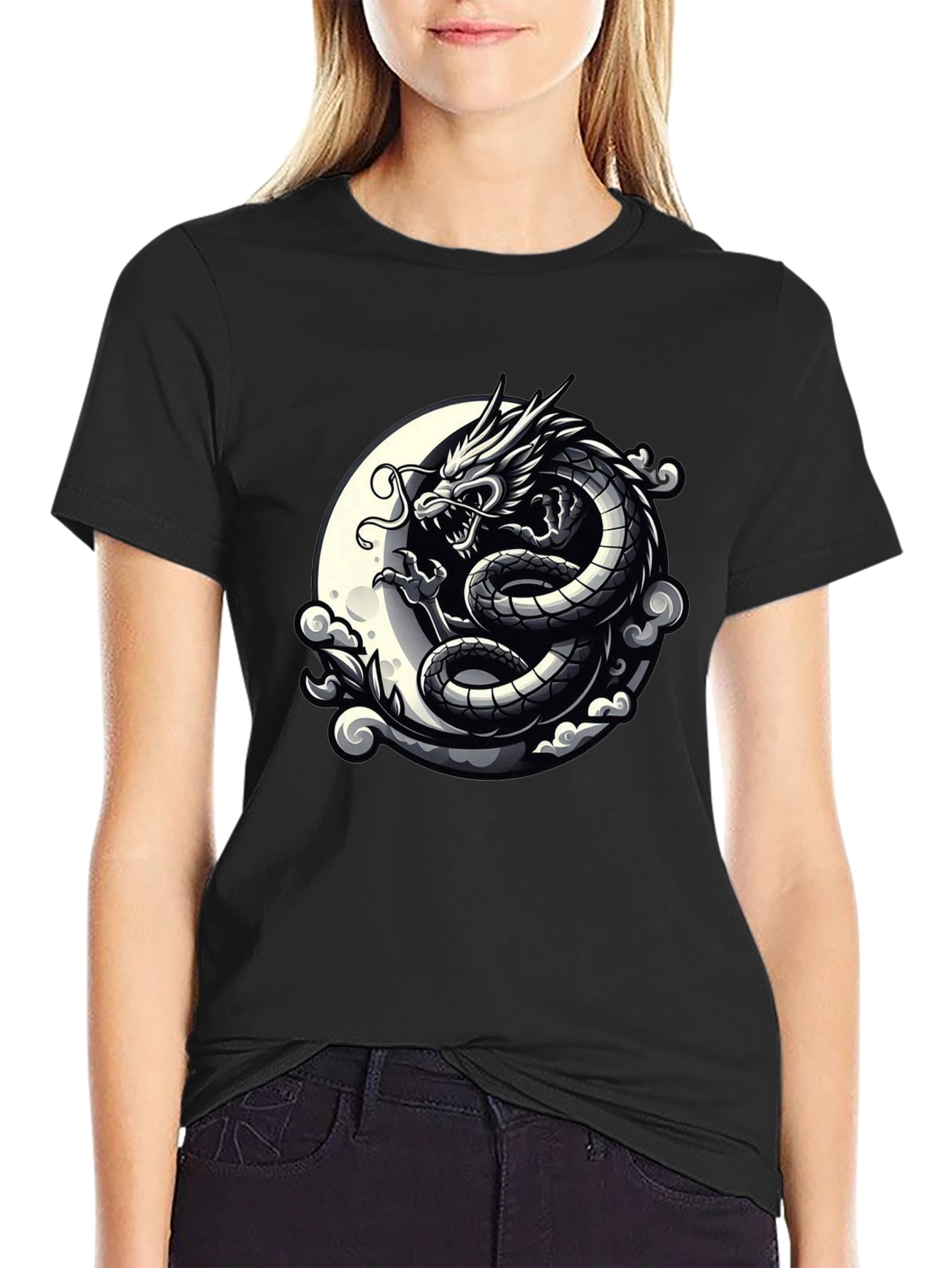 Dragon Moon Graphic Tee - Black Cotton