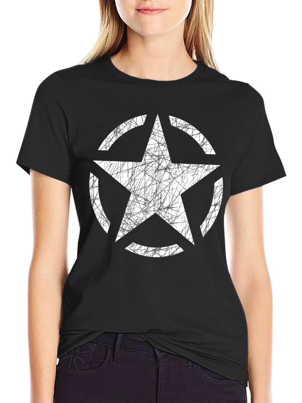 Distressed Star Graphic Tee - Black Cotton Casual Shirt