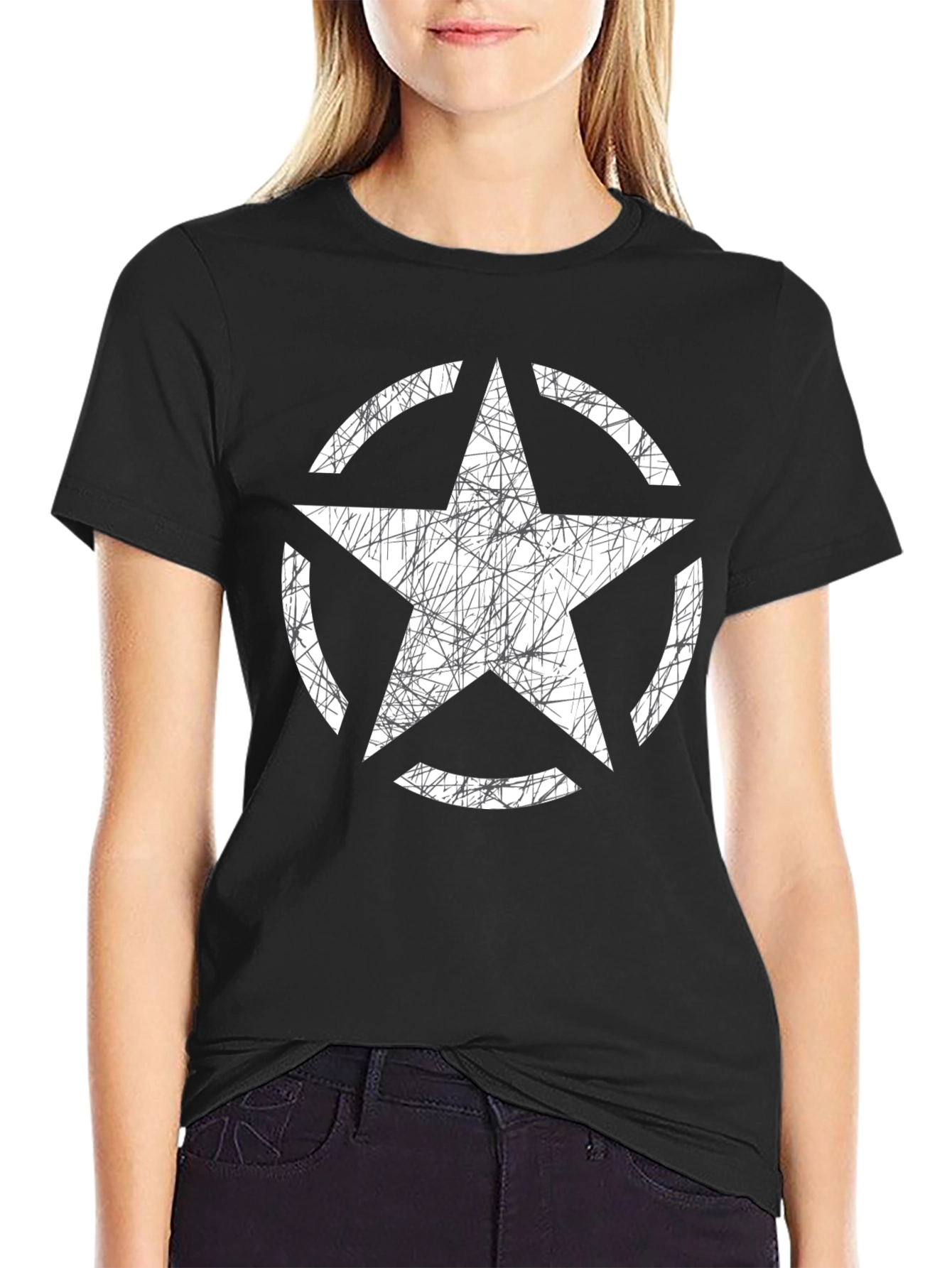 Distressed Star Graphic Tee - Black Cotton Casual Shirt