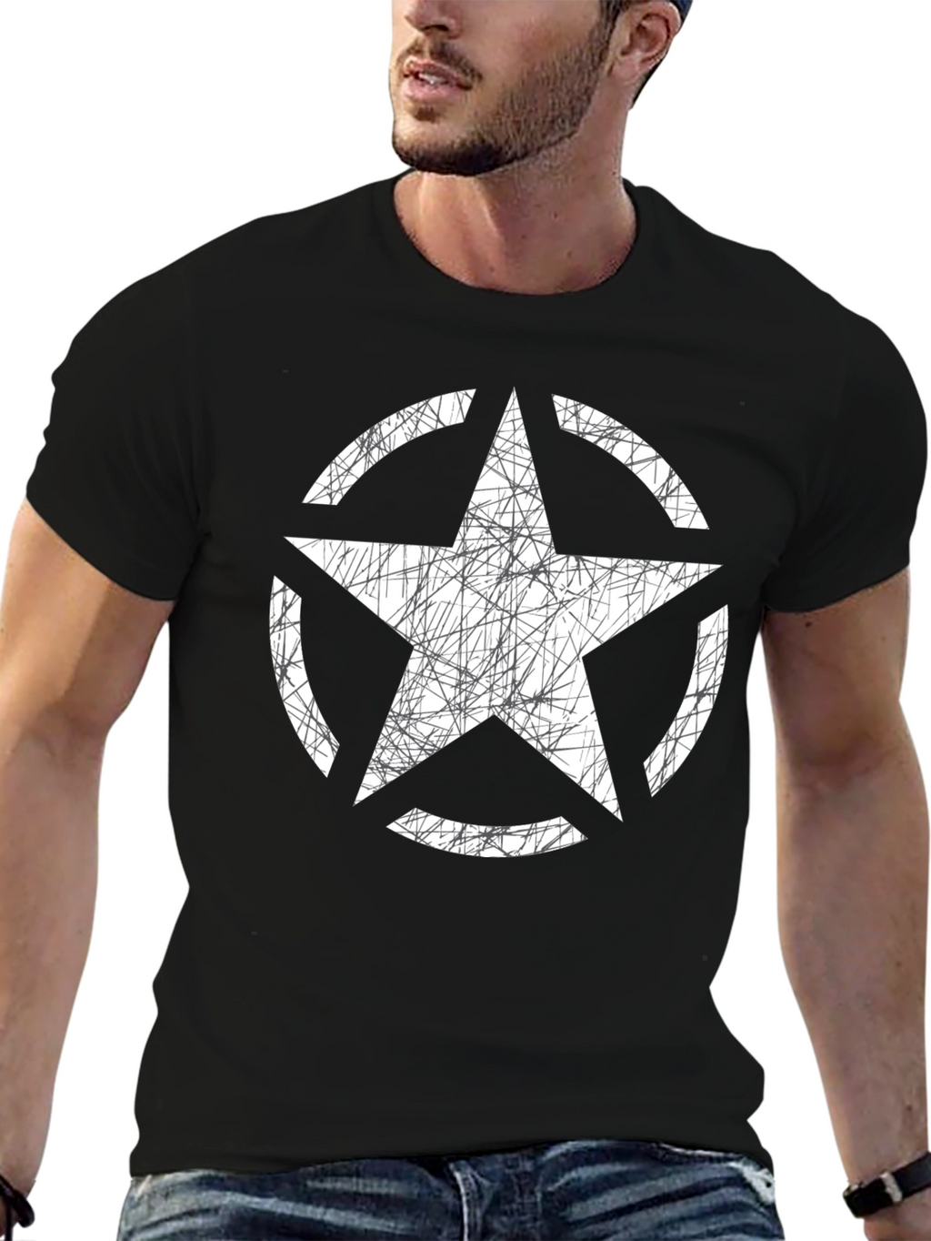 Distressed Star Graphic Tee - Black Cotton Casual Shirt