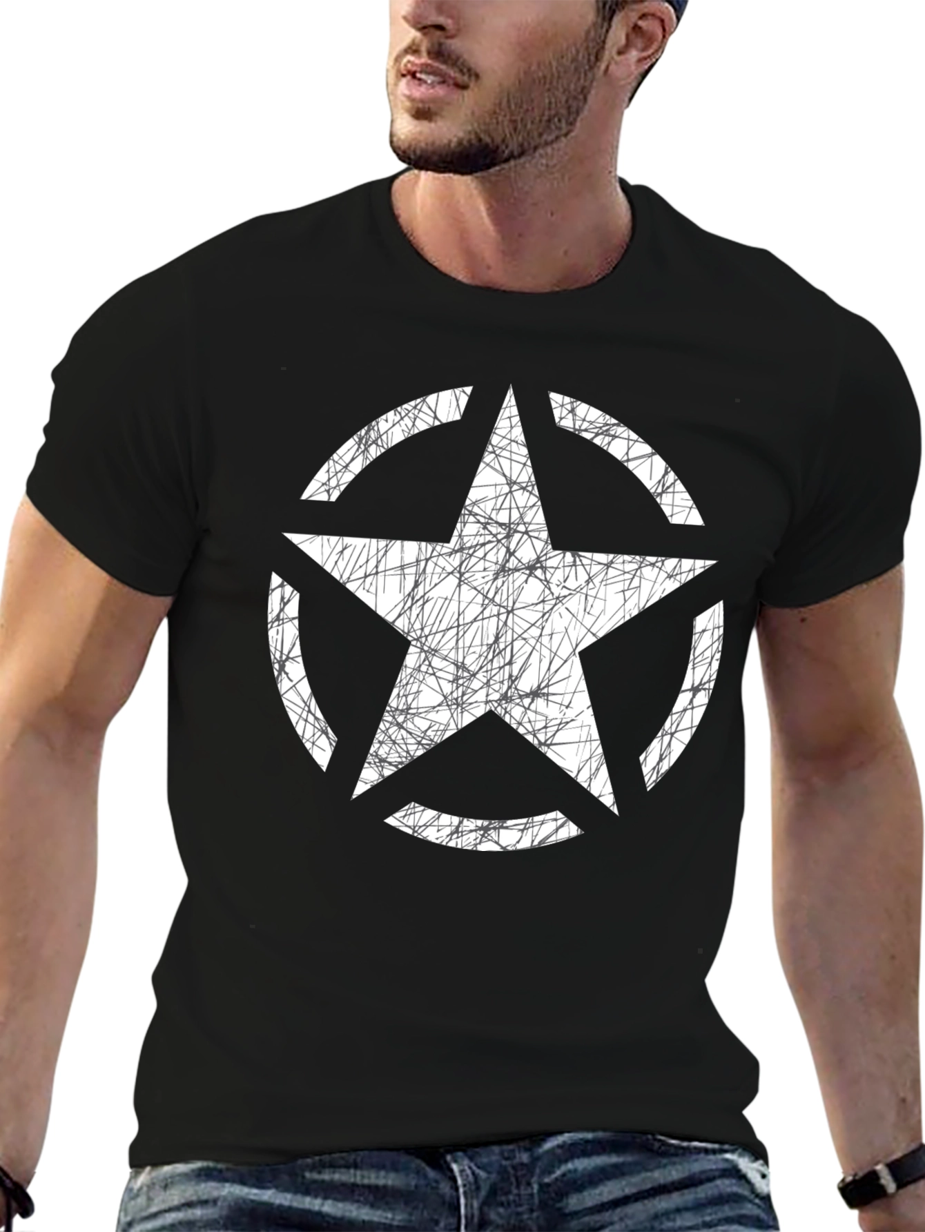 Distressed Star Graphic Tee - Black Cotton Casual Shirt