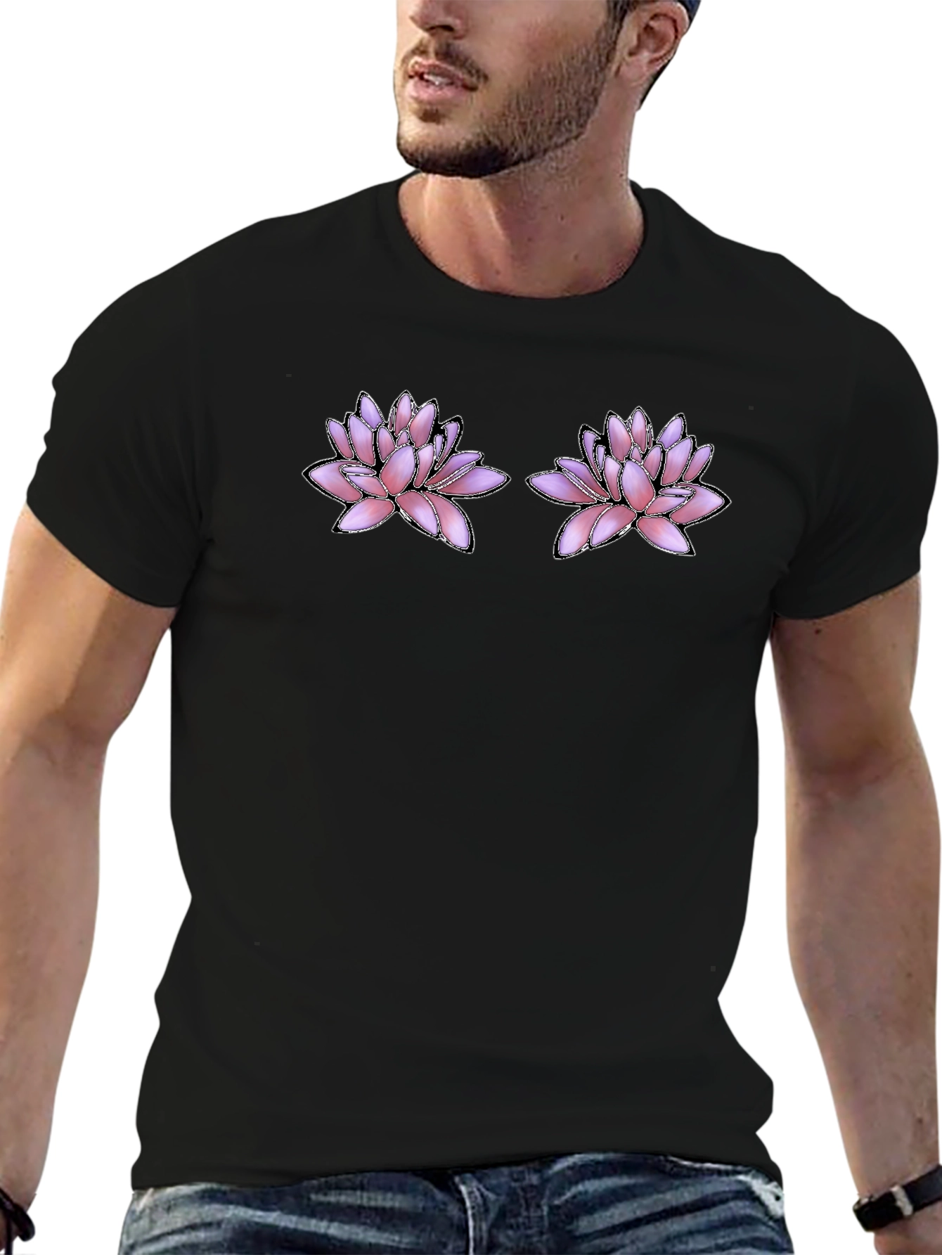 Floral Motif Black T-Shirt