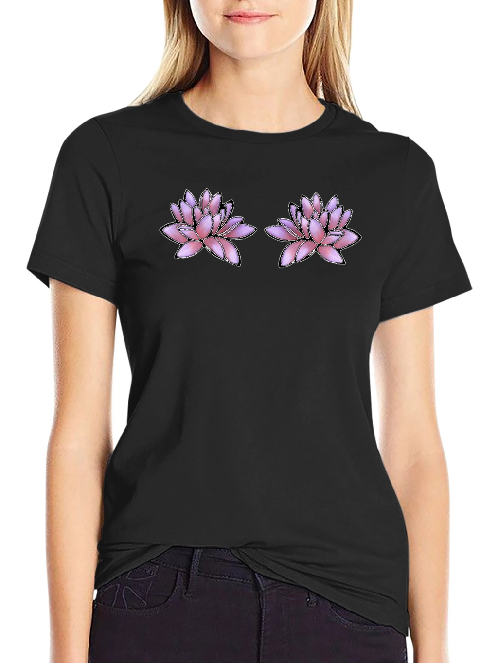 Floral Motif Black T-Shirt