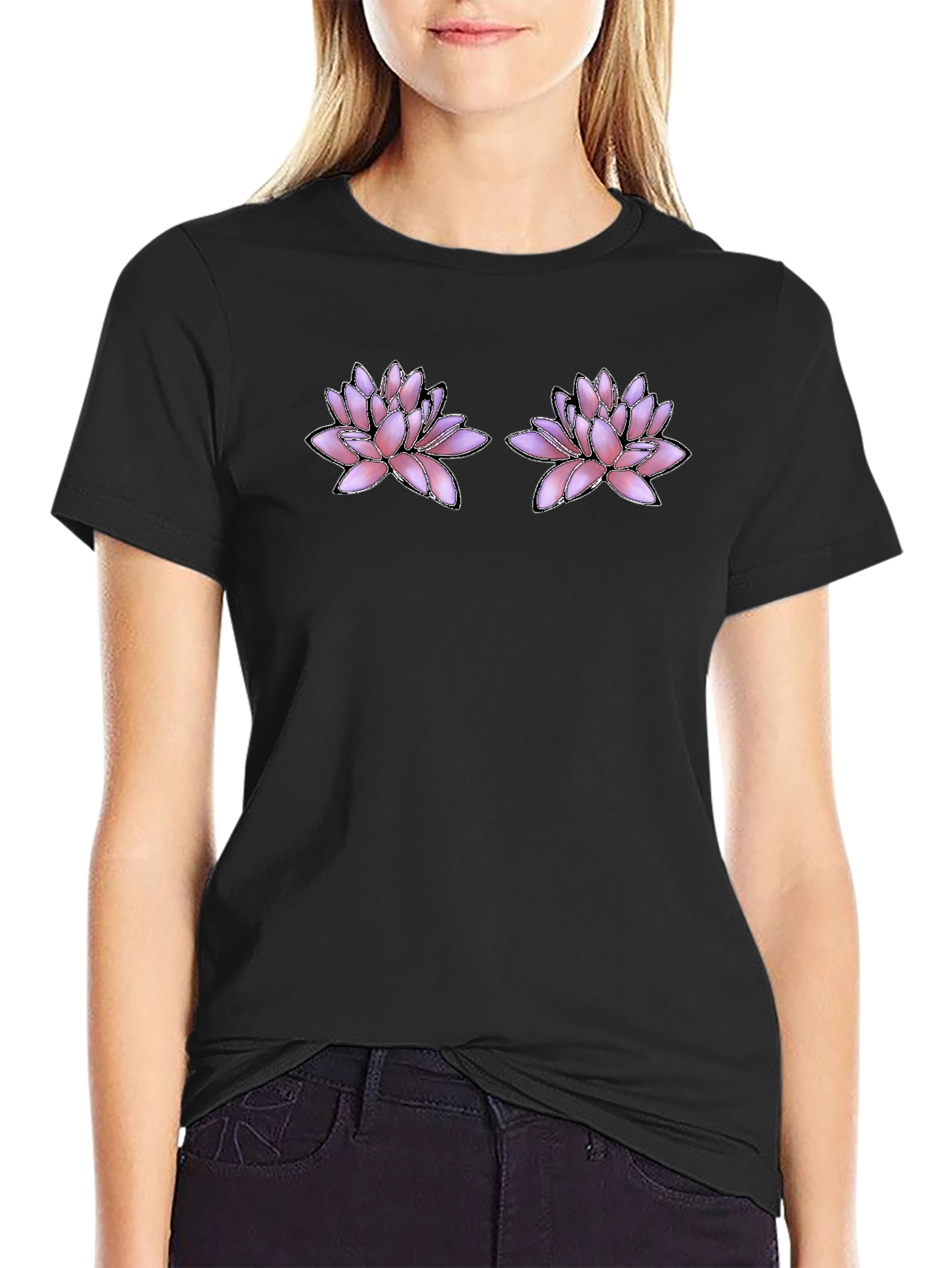 Floral Motif Black T-Shirt