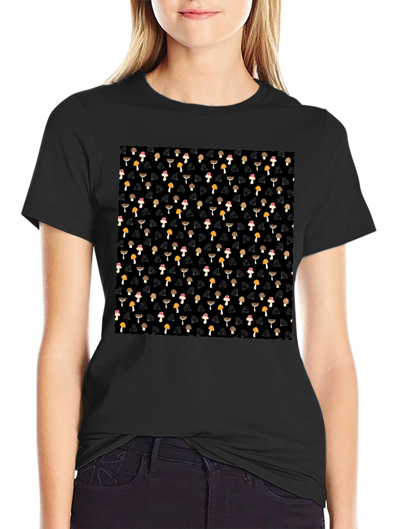 Mushroom Diamond Pattern Black T-Shirt