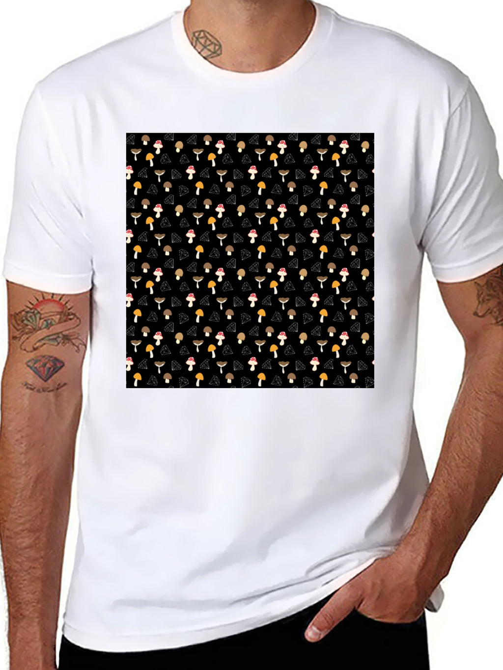 Mushroom Diamond Pattern Black T-Shirt