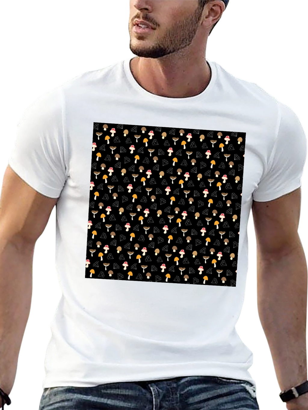 Mushroom Diamond Pattern Black T-Shirt