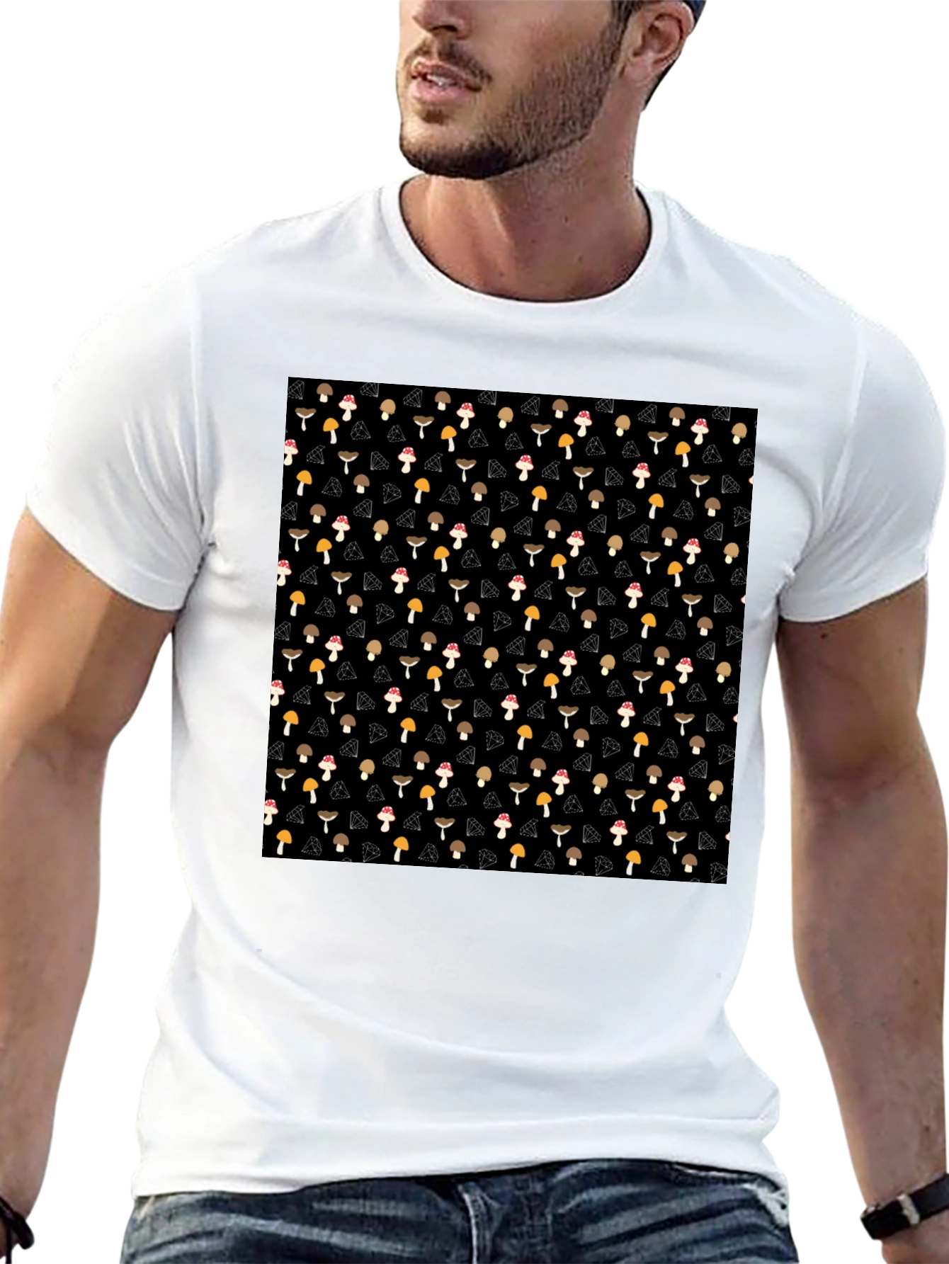 Mushroom Diamond Pattern Black T-Shirt