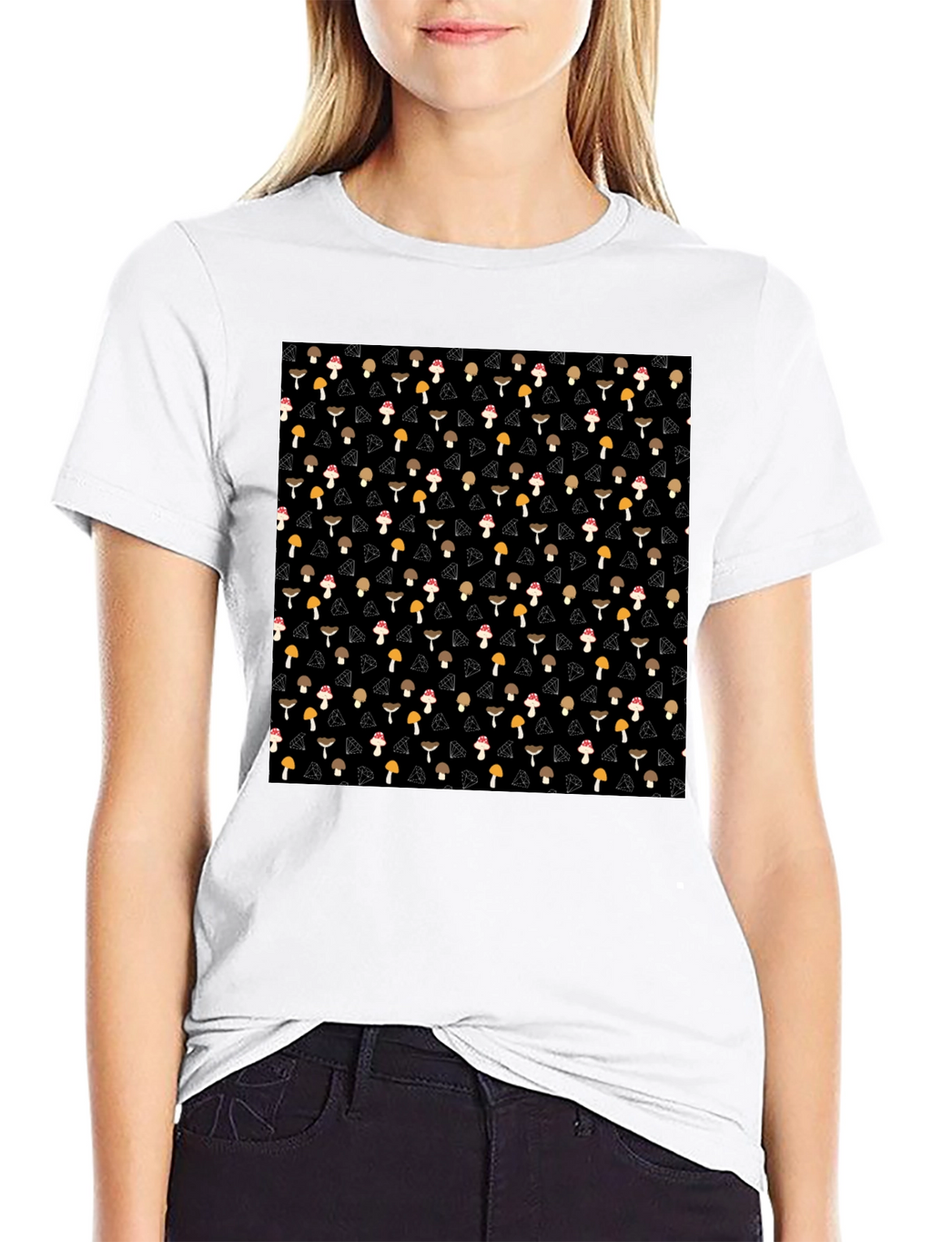 Mushroom Diamond Pattern Black T-Shirt