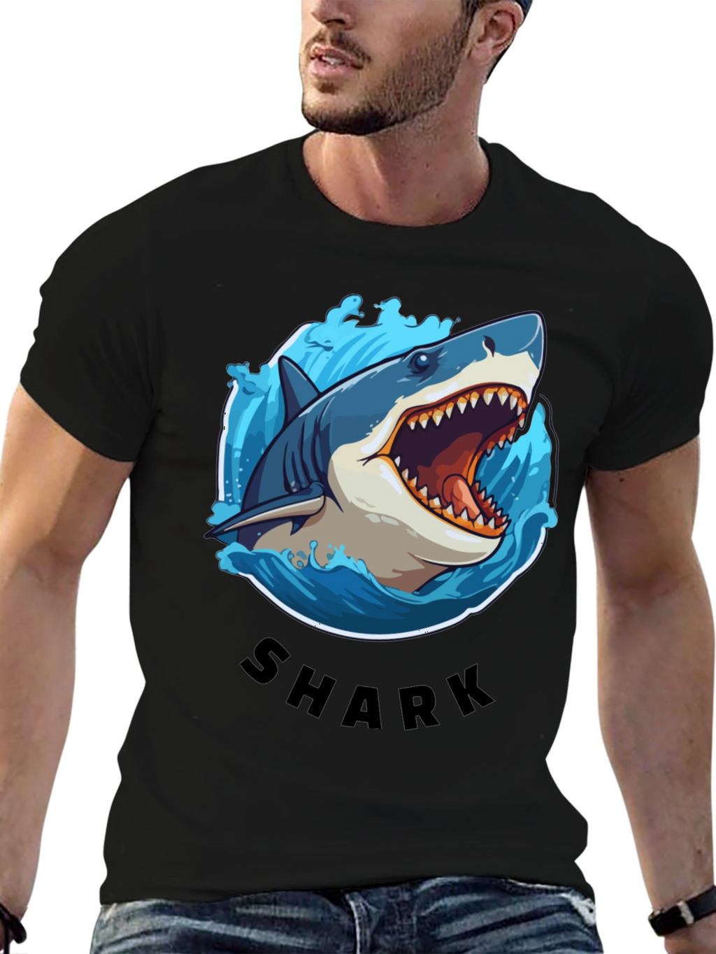 Shark Graphic Tee - Black Cotton T-Shirt