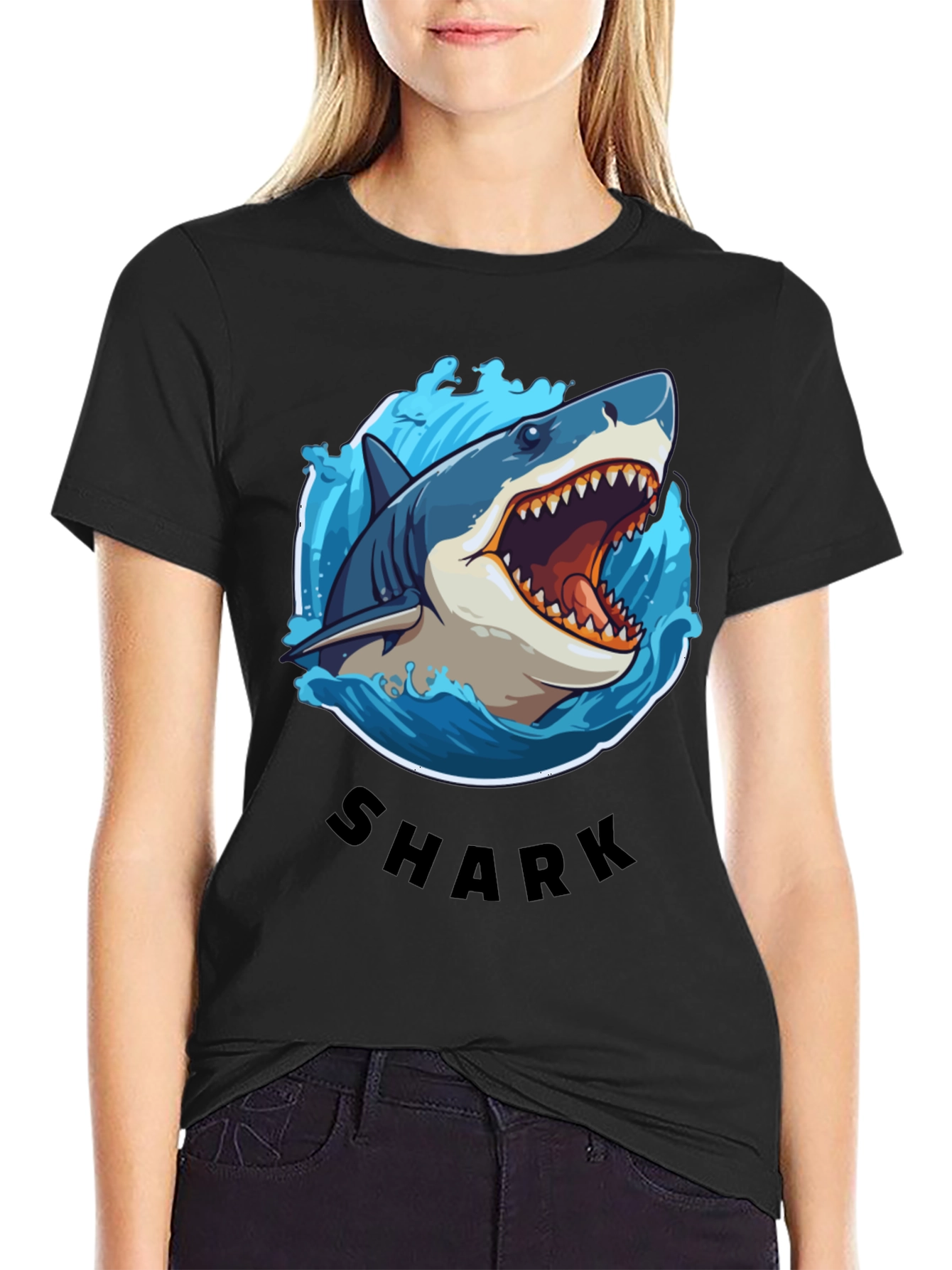 Shark Graphic Tee - Black Cotton T-Shirt