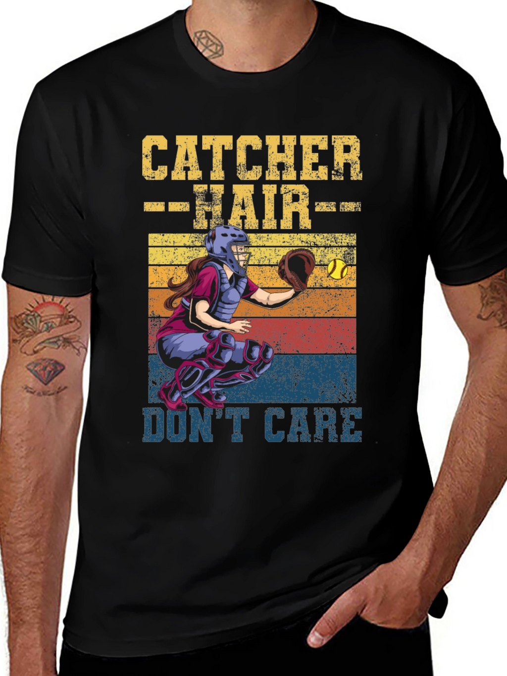 Catcher Hair Dont Care T-Shirt Softball Fan Tee