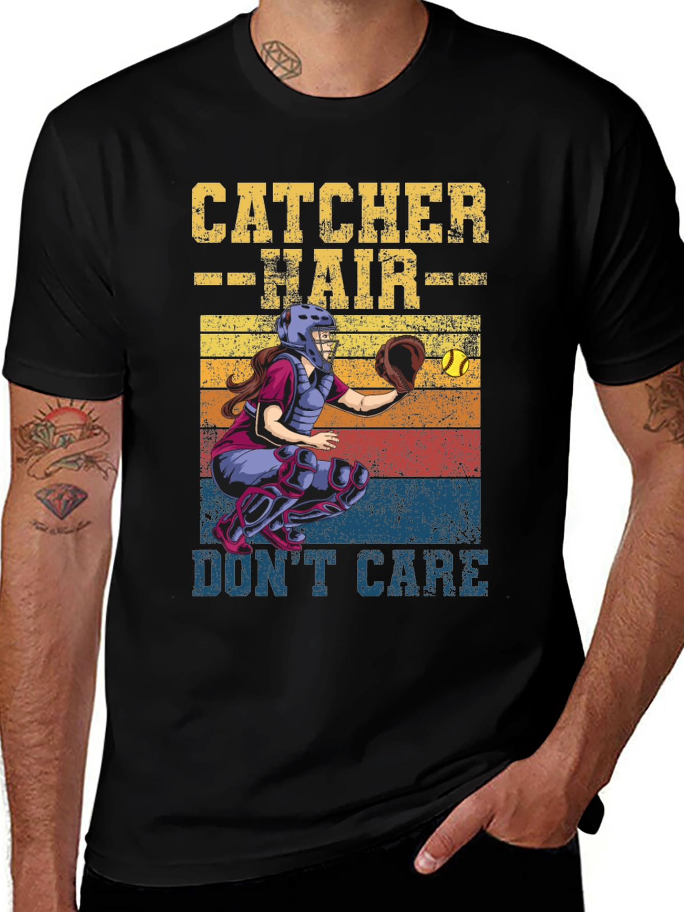 Catcher Hair Dont Care T-Shirt Softball Fan Tee