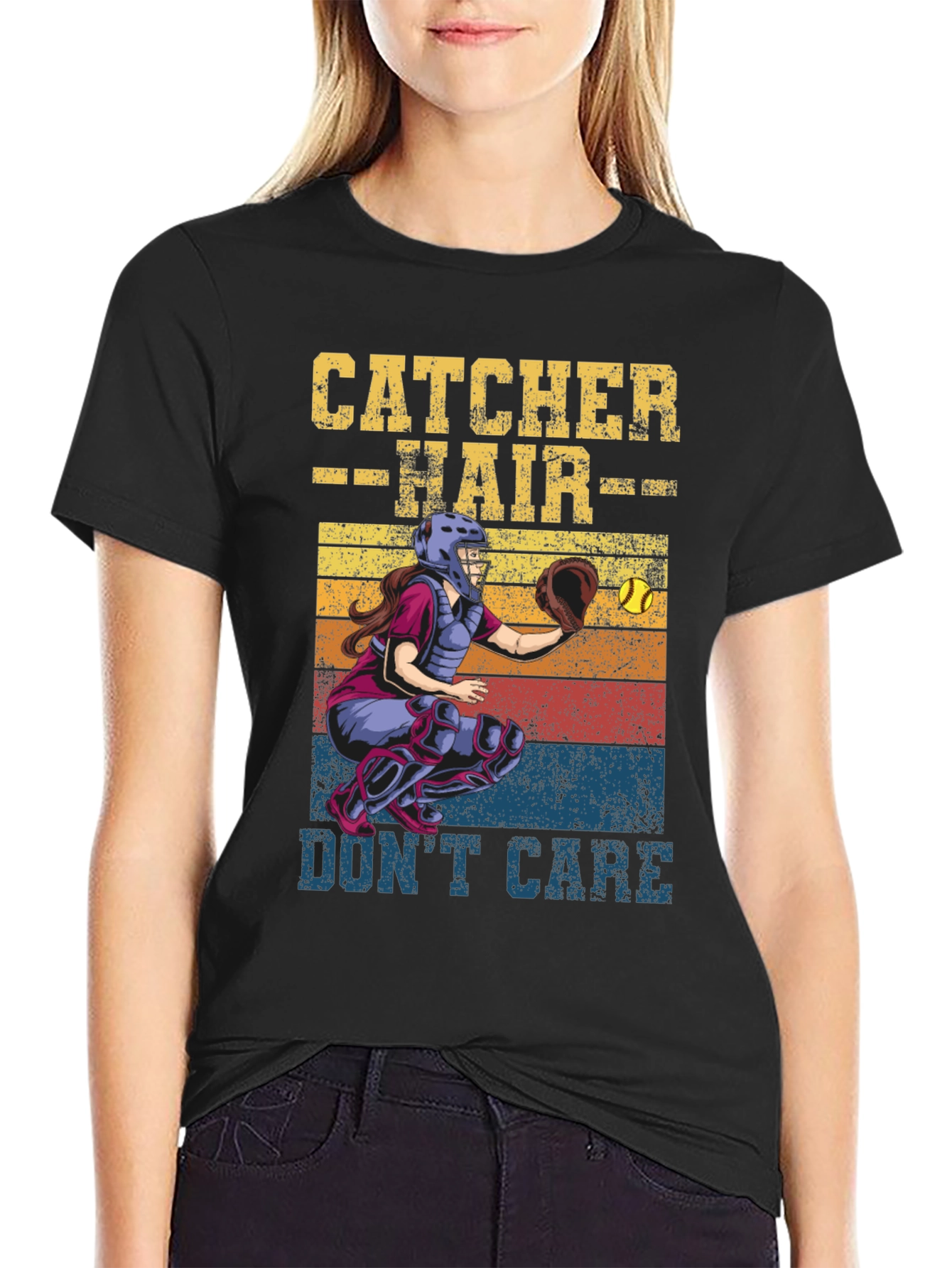 Catcher Hair Dont Care T-Shirt Softball Fan Tee