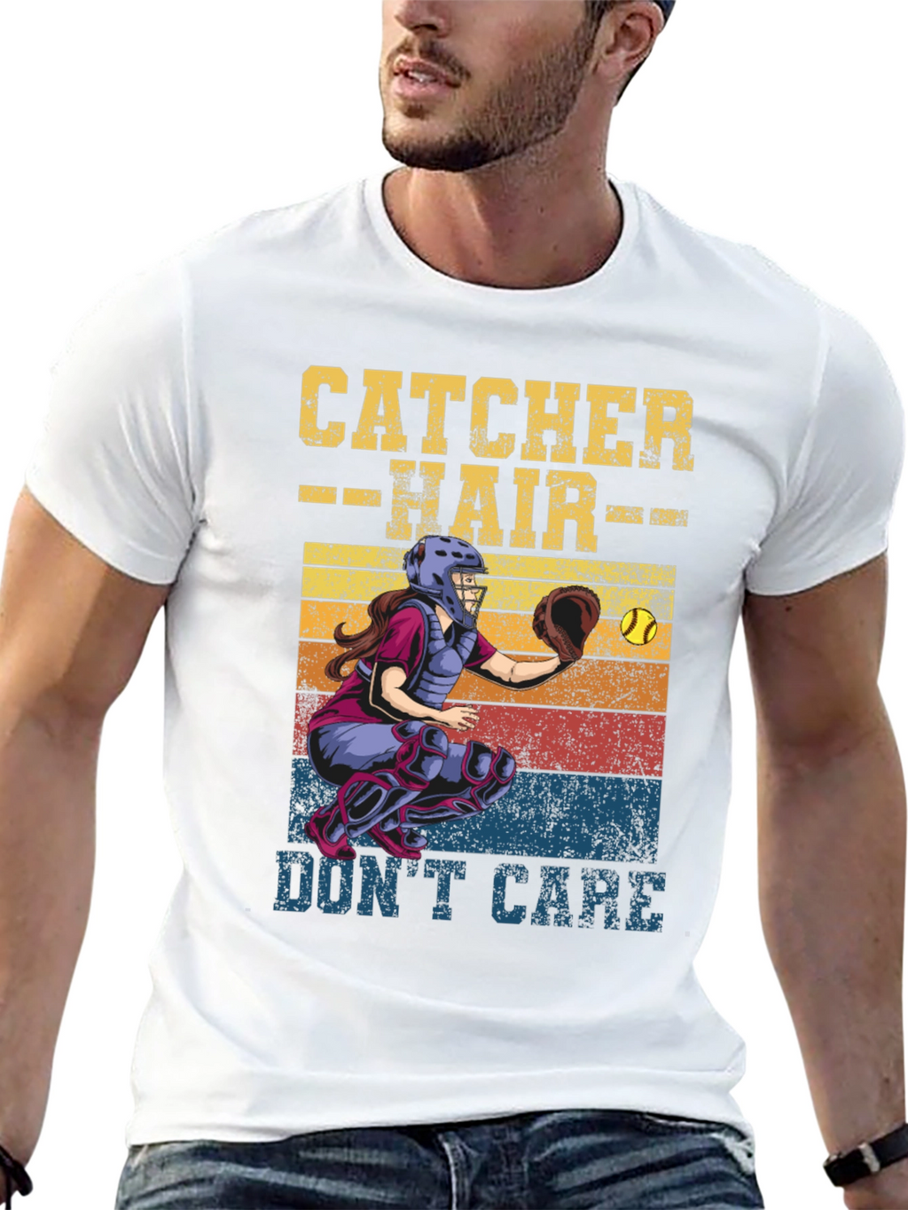 Catcher Hair Dont Care T-Shirt Softball Fan Tee
