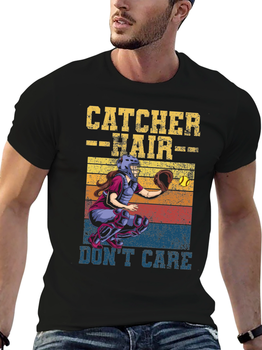Catcher Hair Dont Care T-Shirt Softball Fan Tee