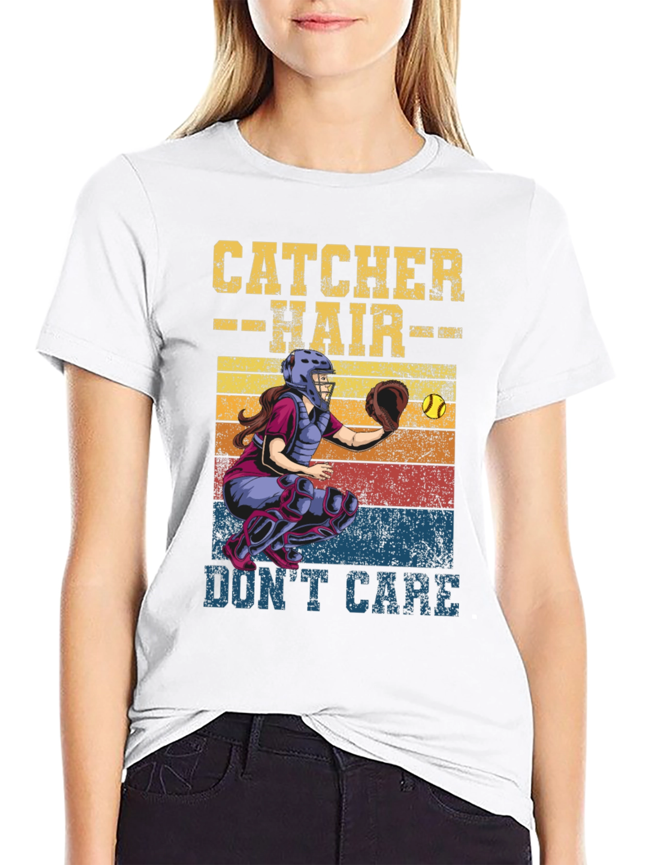 Catcher Hair Dont Care T-Shirt Softball Fan Tee