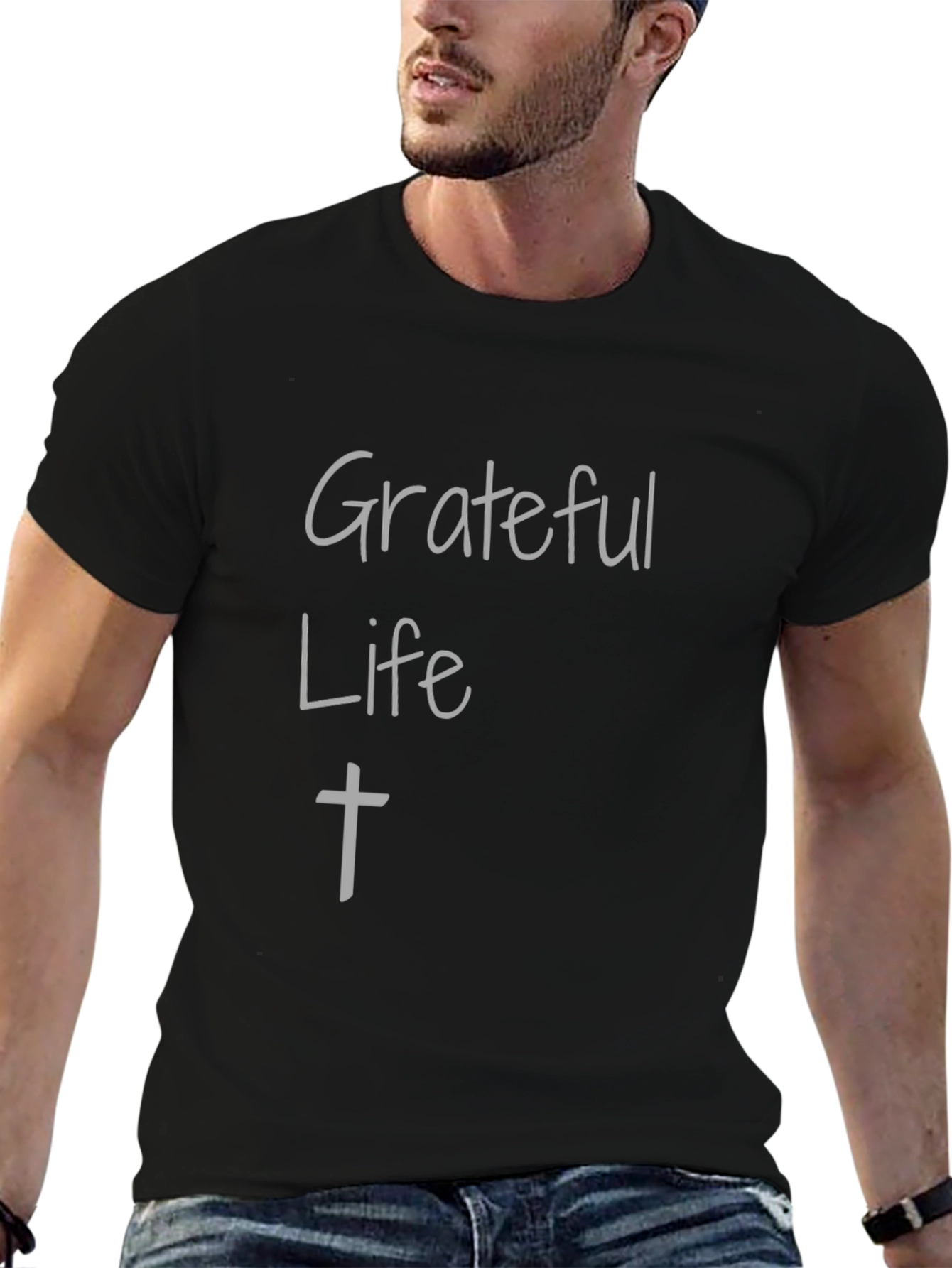 Grateful Life Black Cotton Graphic Tee Shirt