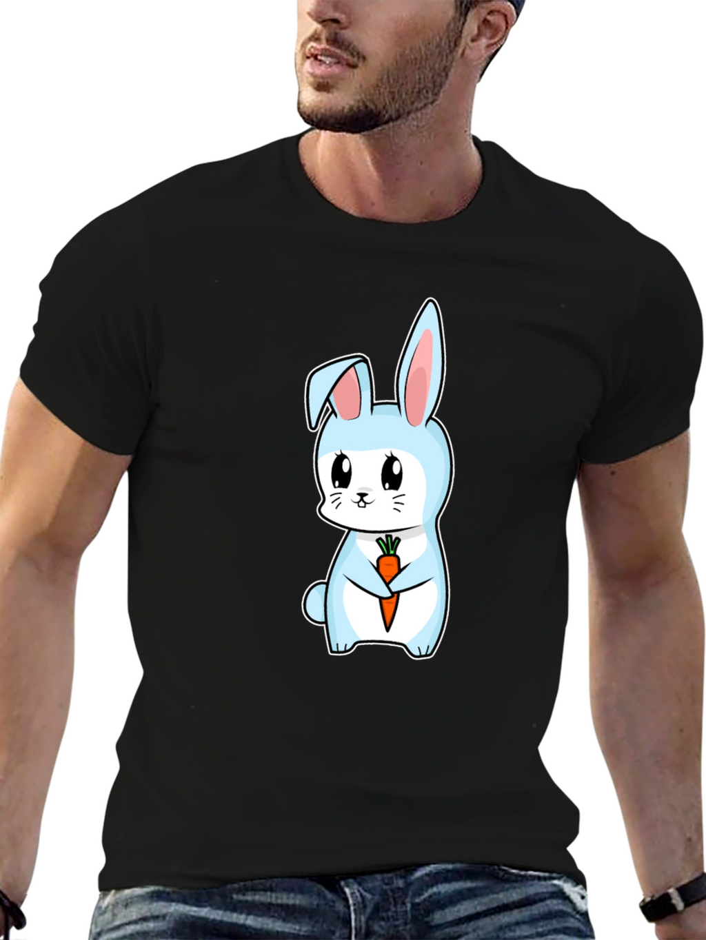 Cute Bunny Holding Carrot Graphic Tee - Black