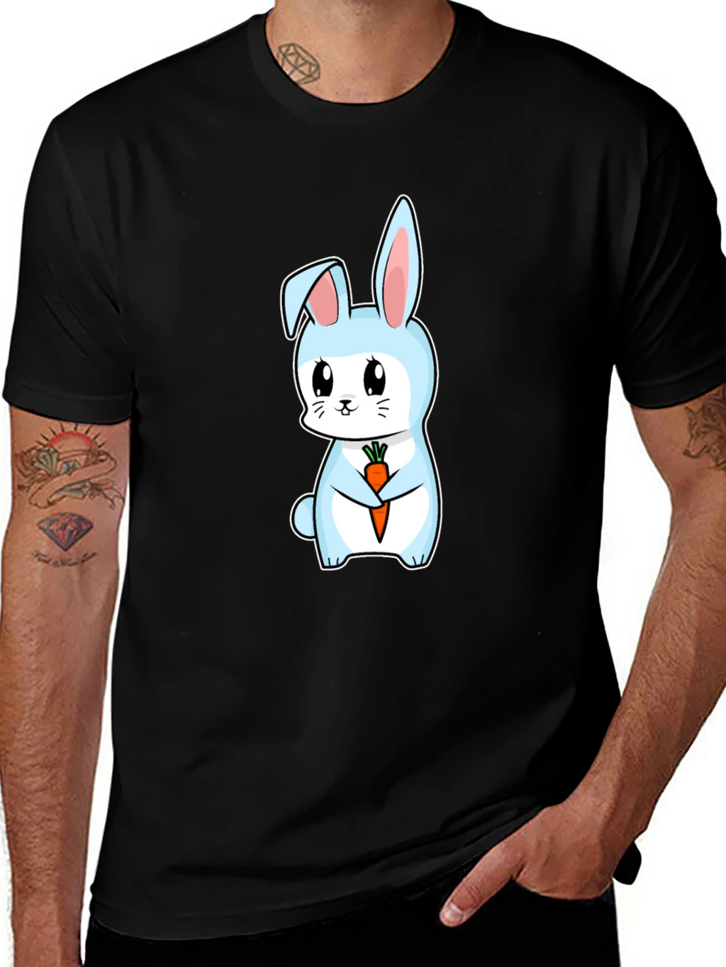Cute Bunny Holding Carrot Graphic Tee - Black