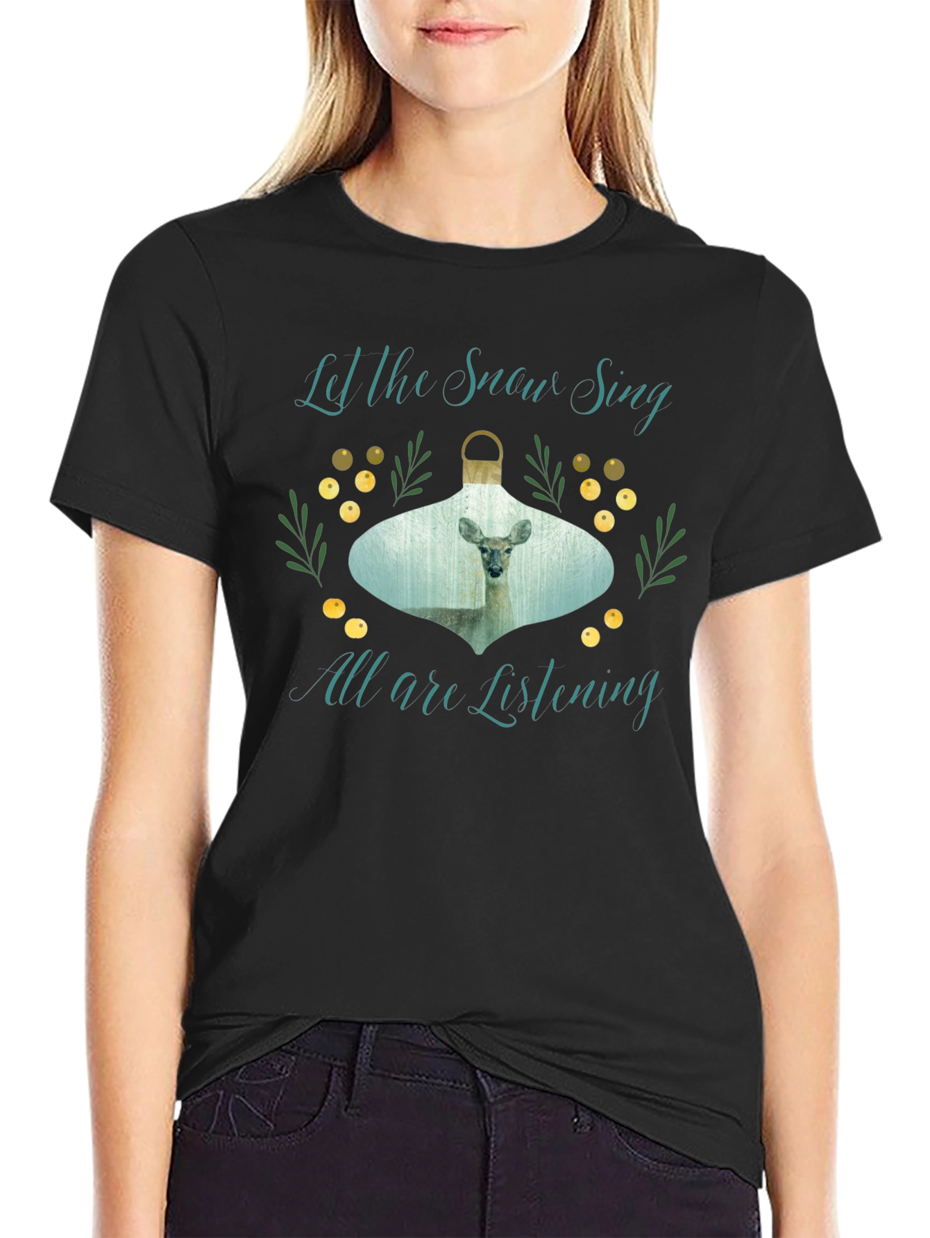 Let the Snow Sing Deer Graphic Tee - Black