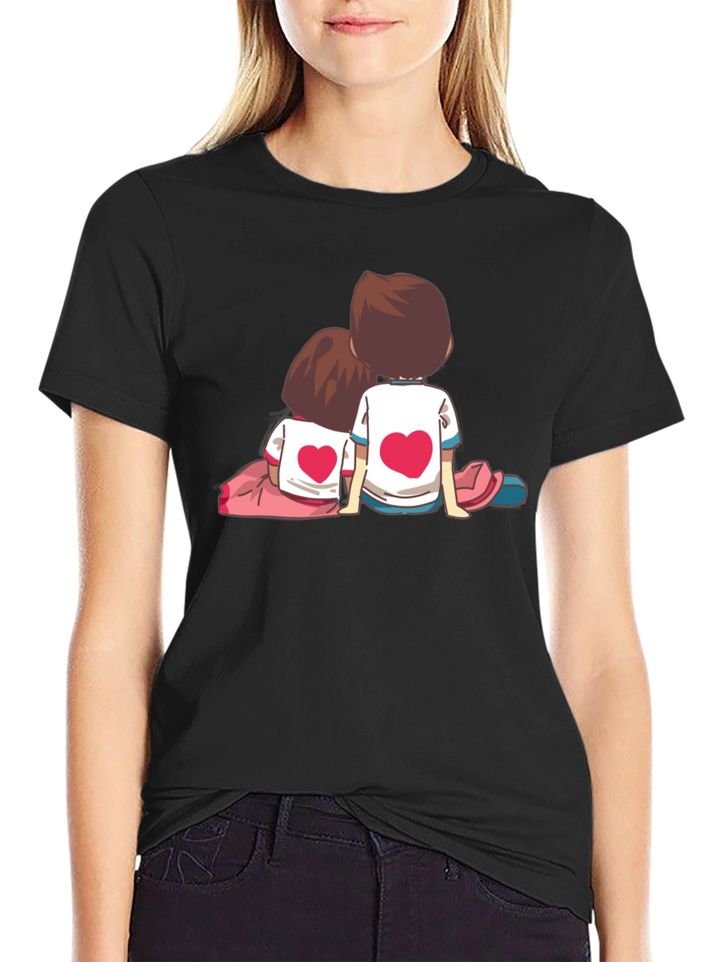 Couple Heart Cartoon Graphic Black T-Shirt