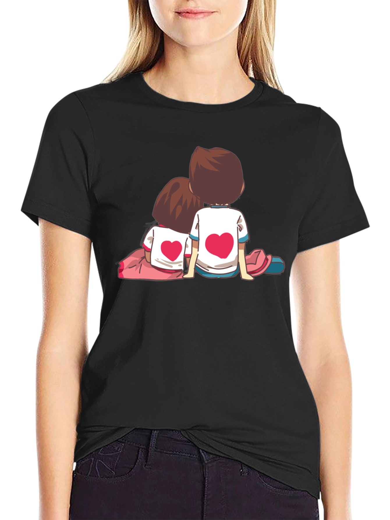 Couple Heart Cartoon Graphic Black T-Shirt