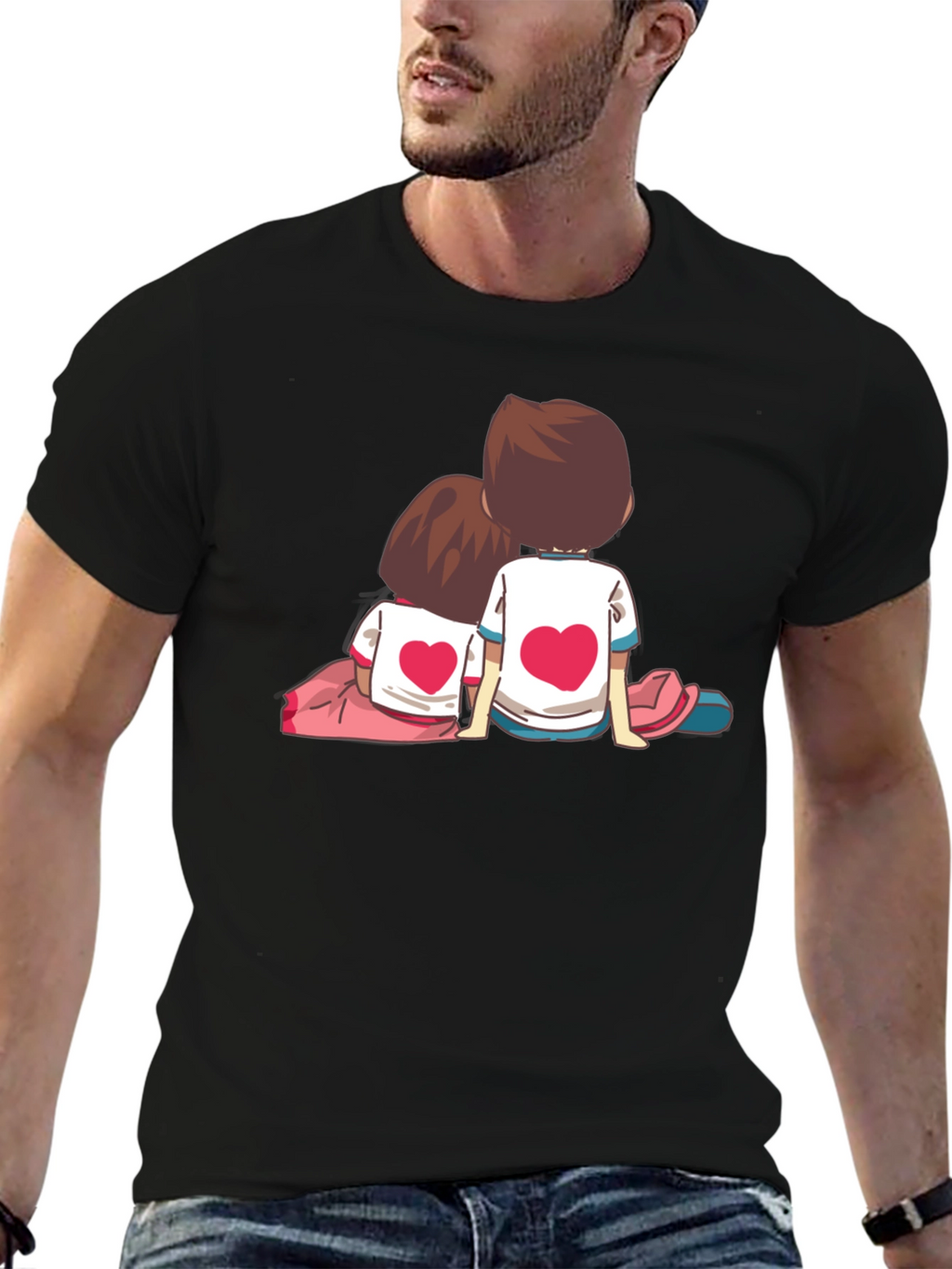 Couple Heart Cartoon Graphic Black T-Shirt